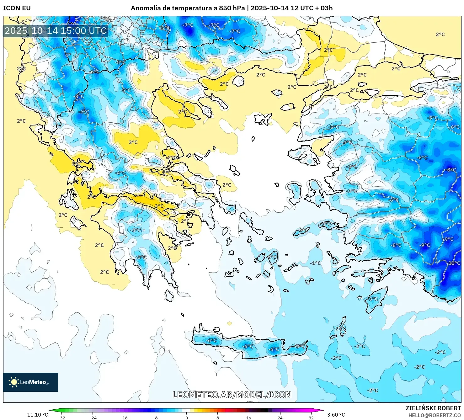 ICON model - Grecia, Anomalía de temperatura a 850 hPa ICON model - Grecia, Anomalía de temperatura a 850 hPa