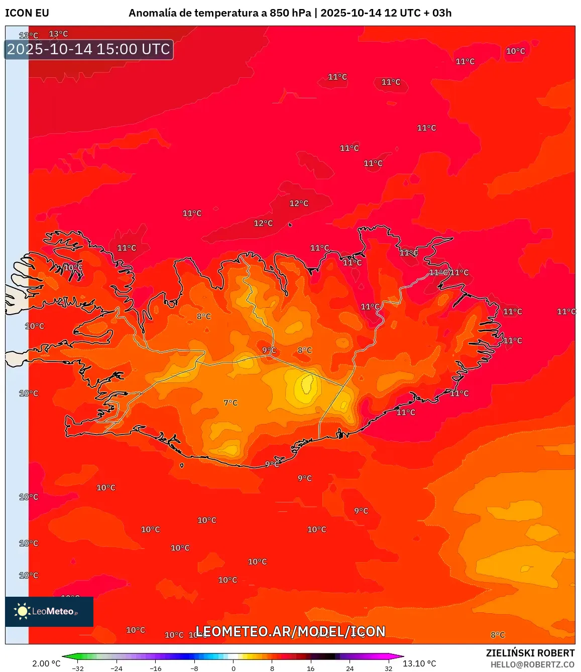 ICON model - Islandia, Anomalía de temperatura a 850 hPa ICON model - Islandia, Anomalía de temperatura a 850 hPa
