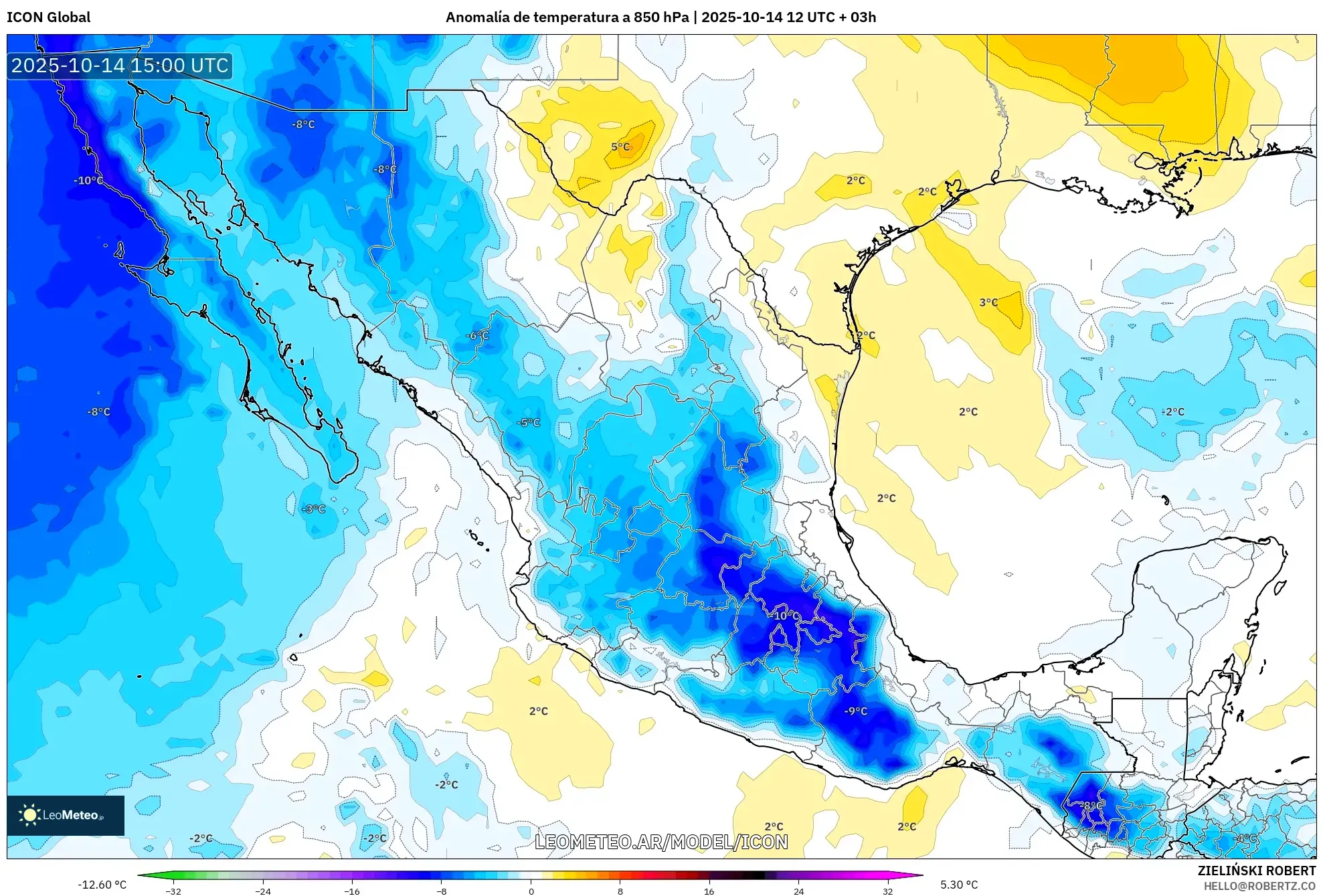 ICON model - México, Anomalía de temperatura a 850 hPa ICON model - México, Anomalía de temperatura a 850 hPa