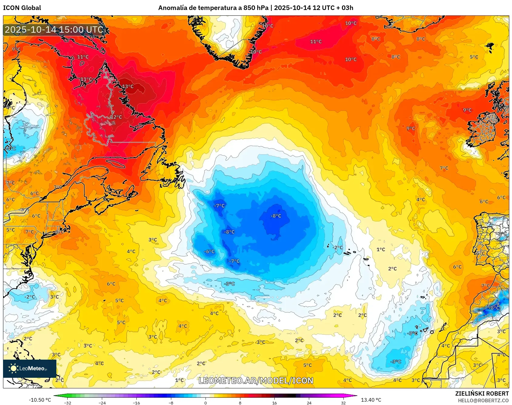 ICON model - Norte Atlántico, Anomalía de temperatura a 850 hPa ICON model - Norte Atlántico, Anomalía de temperatura a 850 hPa