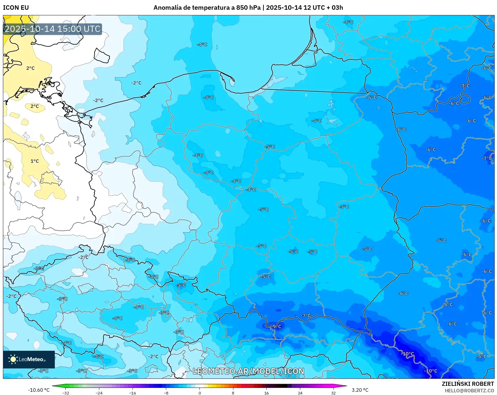 ICON model - Polonia, Anomalía de temperatura a 850 hPa ICON model - Polonia, Anomalía de temperatura a 850 hPa