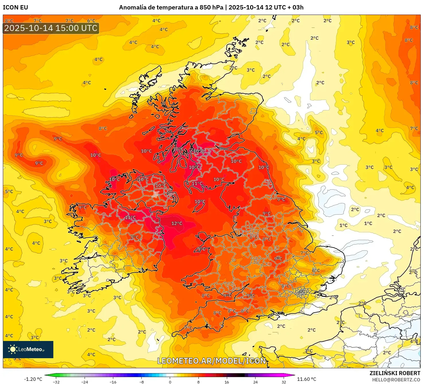 ICON model - Reino Unido, Anomalía de temperatura a 850 hPa ICON model - Reino Unido, Anomalía de temperatura a 850 hPa
