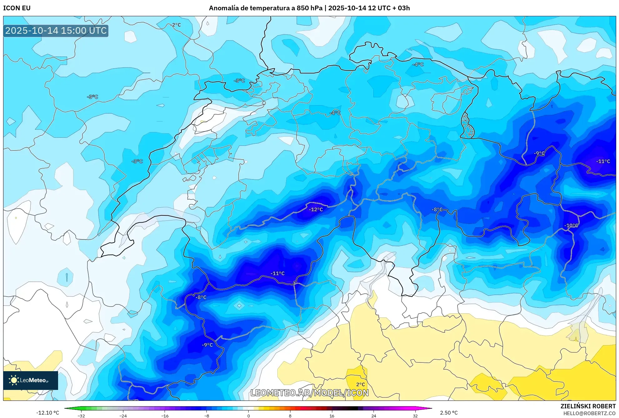 ICON model - Suiza, Anomalía de temperatura a 850 hPa ICON model - Suiza, Anomalía de temperatura a 850 hPa