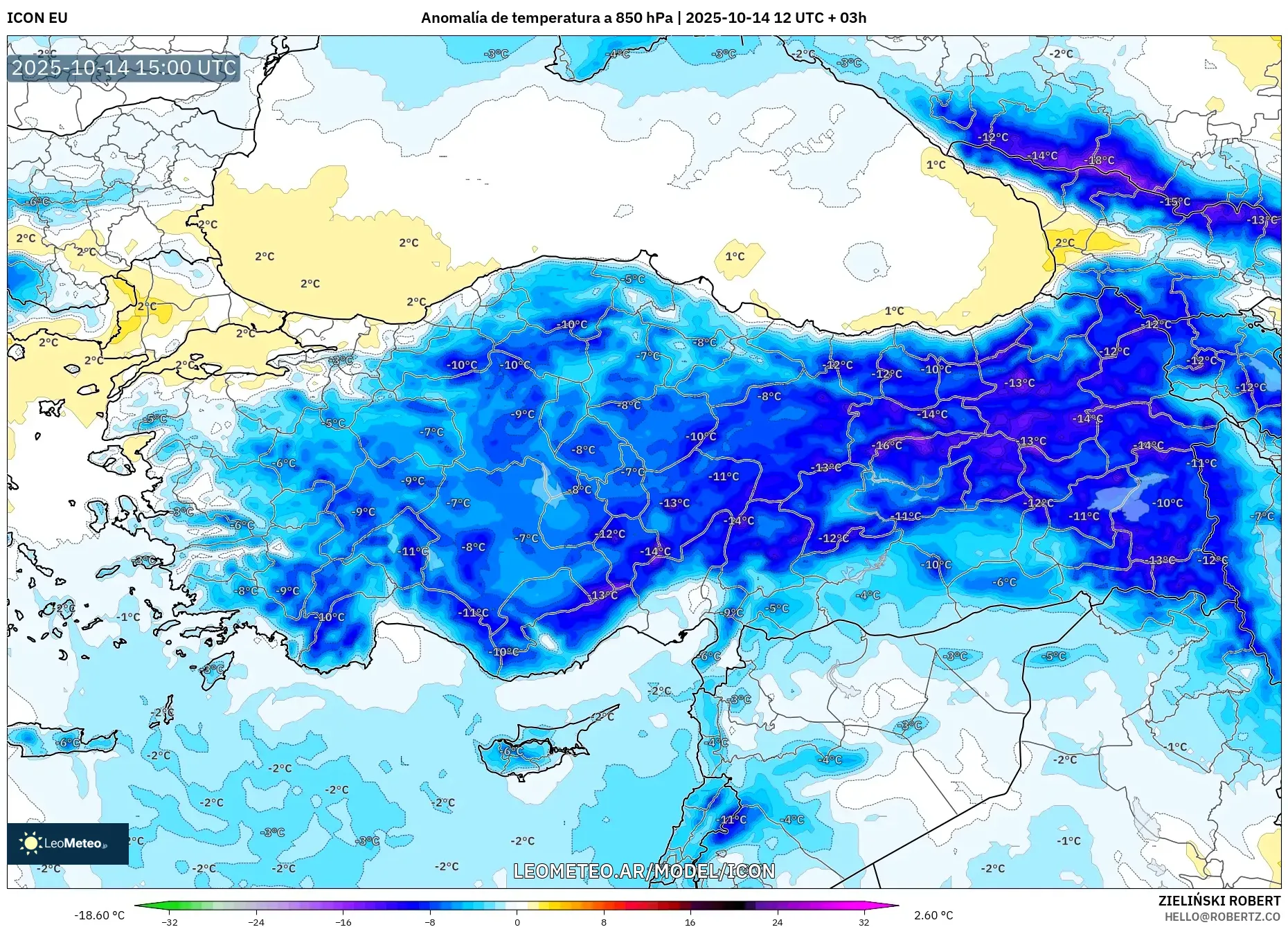 ICON model - Turquía, Anomalía de temperatura a 850 hPa ICON model - Turquía, Anomalía de temperatura a 850 hPa