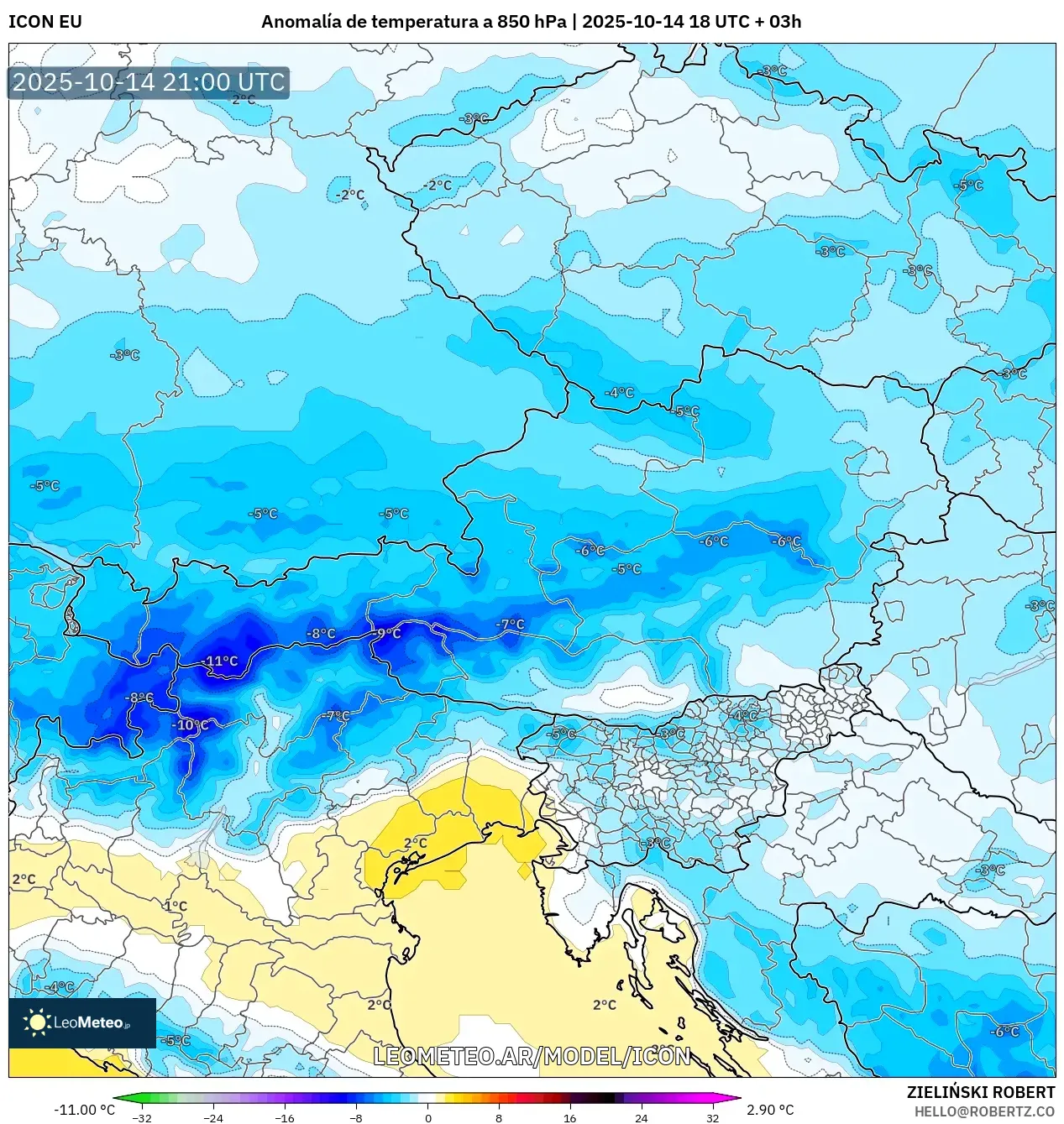 ICON model - Austria, Anomalía de temperatura a 850 hPa ICON model - Austria, Anomalía de temperatura a 850 hPa