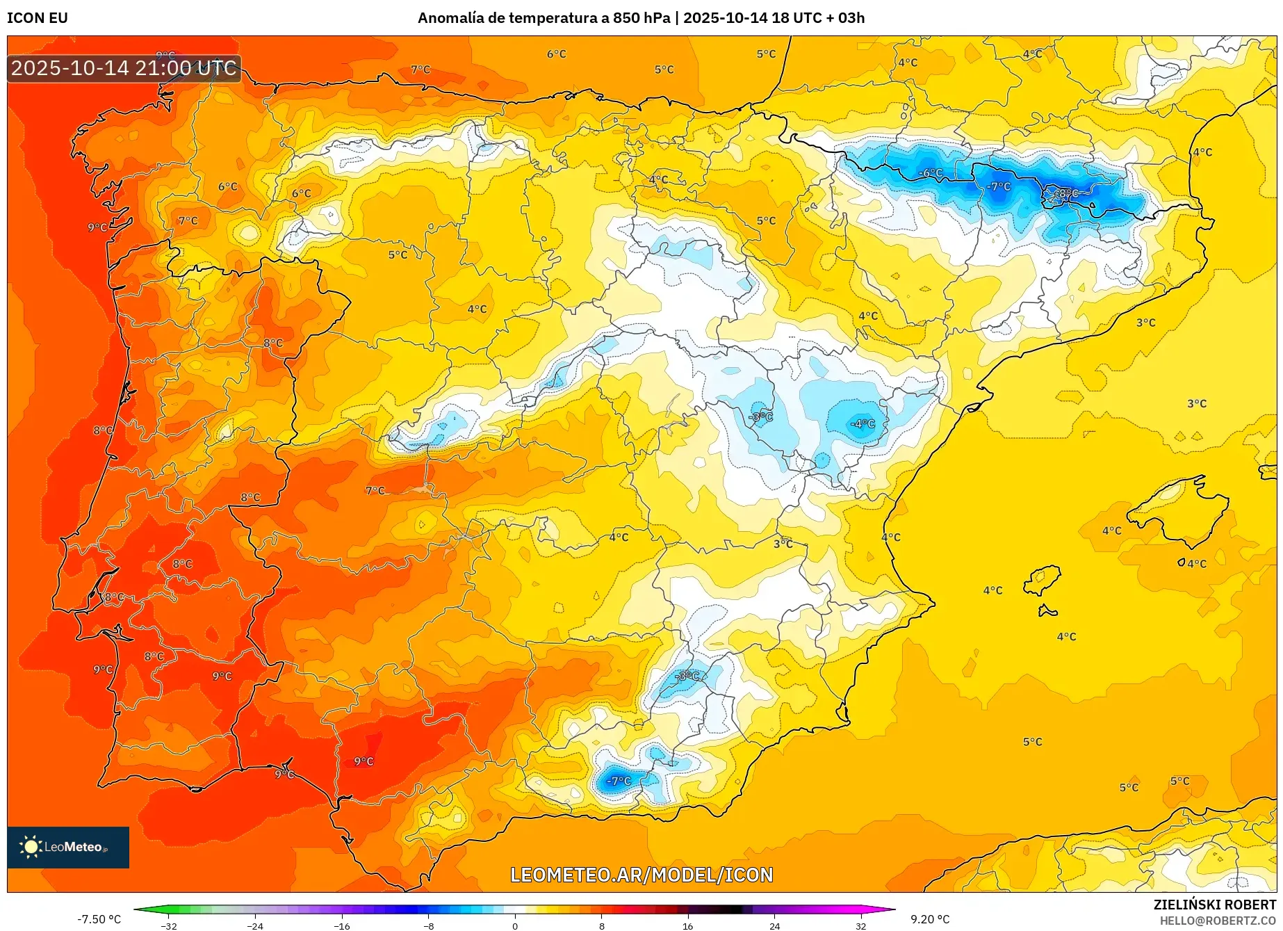 ICON model - España, Anomalía de temperatura a 850 hPa ICON model - España, Anomalía de temperatura a 850 hPa