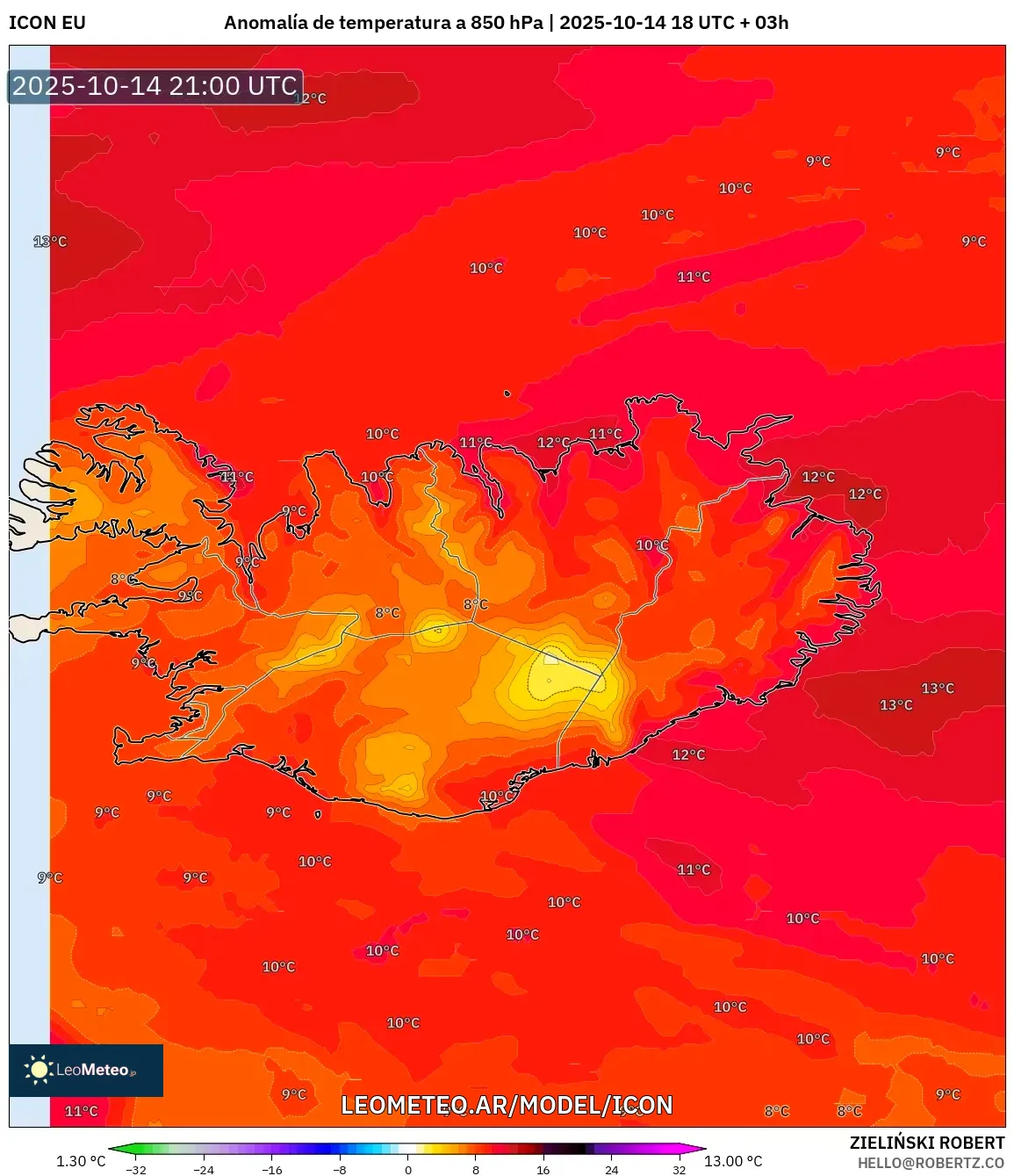 ICON model - Islandia, Anomalía de temperatura a 850 hPa ICON model - Islandia, Anomalía de temperatura a 850 hPa