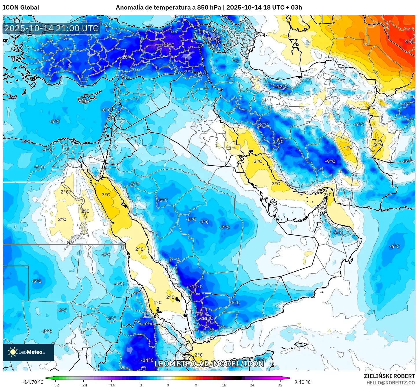 ICON model - Oriente Medio, Anomalía de temperatura a 850 hPa ICON model - Oriente Medio, Anomalía de temperatura a 850 hPa
