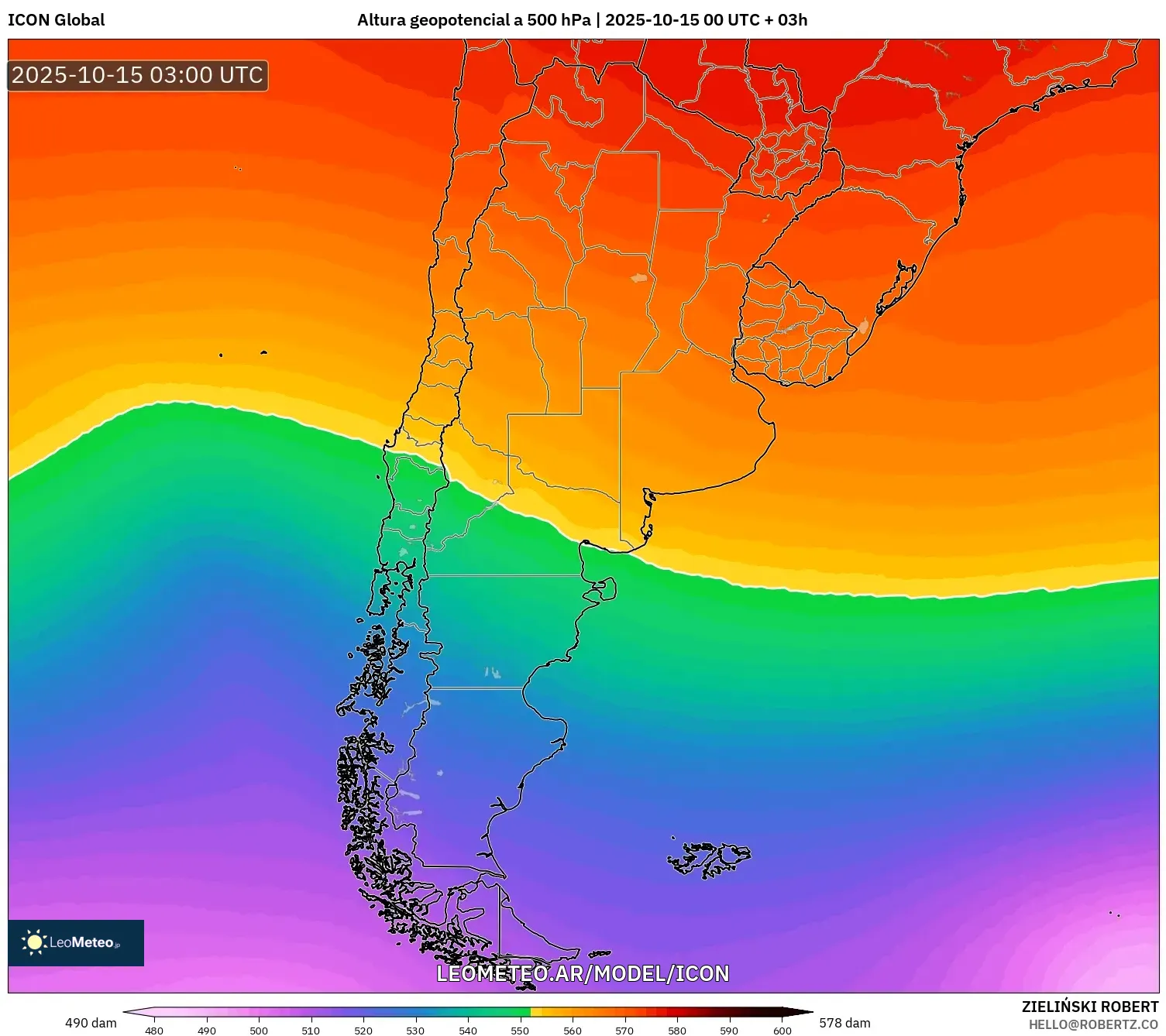 ICON model - Argentina, Altura geopotencial a 500 hPa ICON model - Argentina, Altura geopotencial a 500 hPa