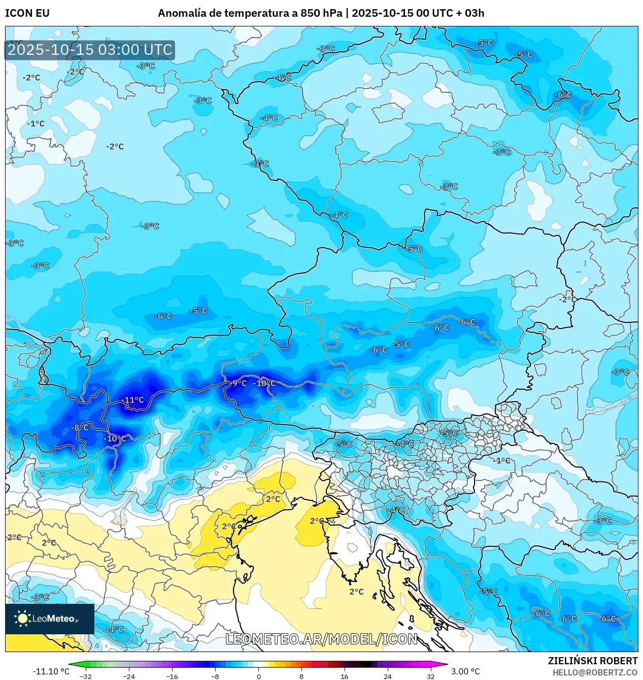 ICON model - Austria, Anomalía de temperatura a 850 hPa ICON model - Austria, Anomalía de temperatura a 850 hPa