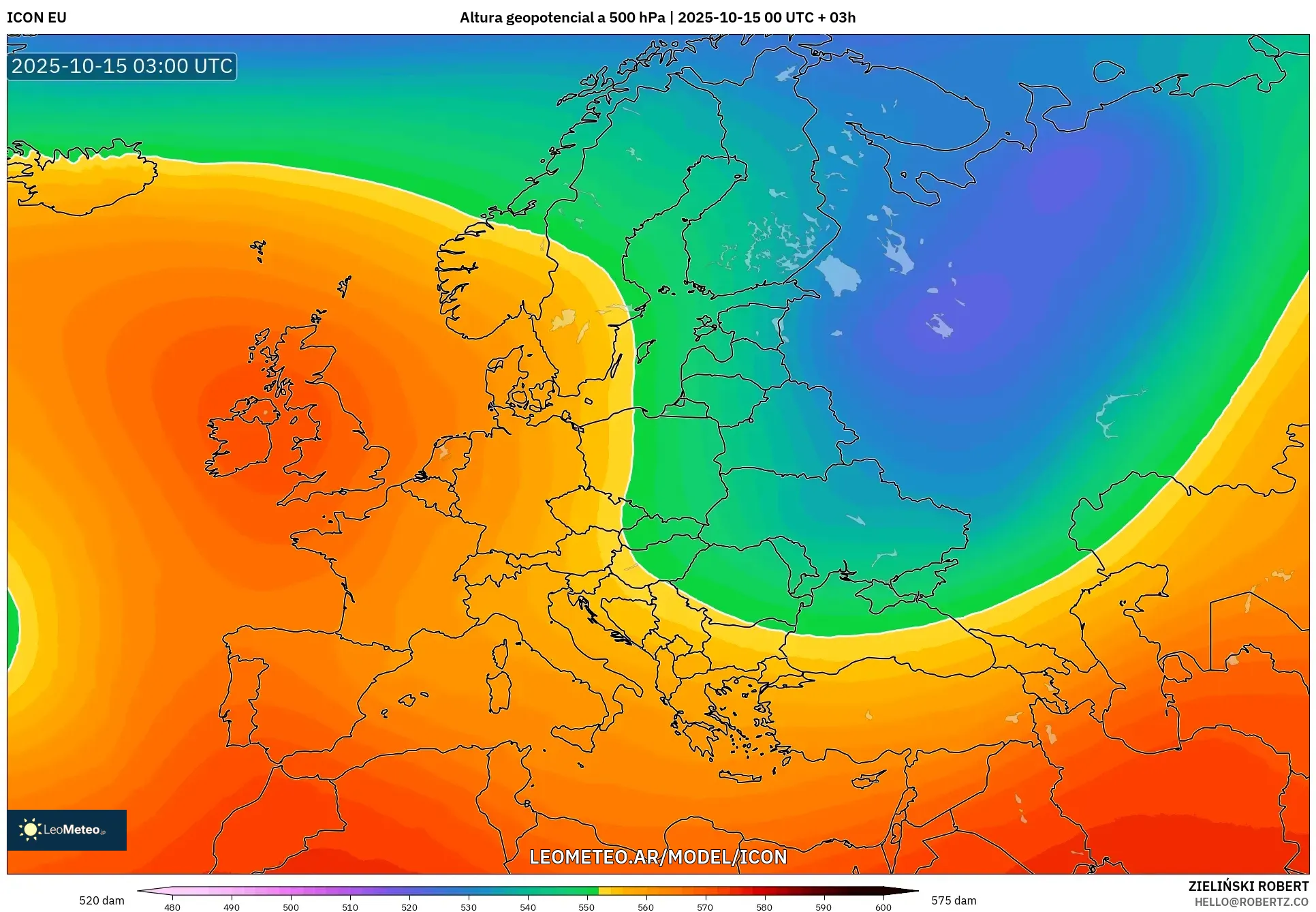 ICON model - Europa, Altura geopotencial a 500 hPa