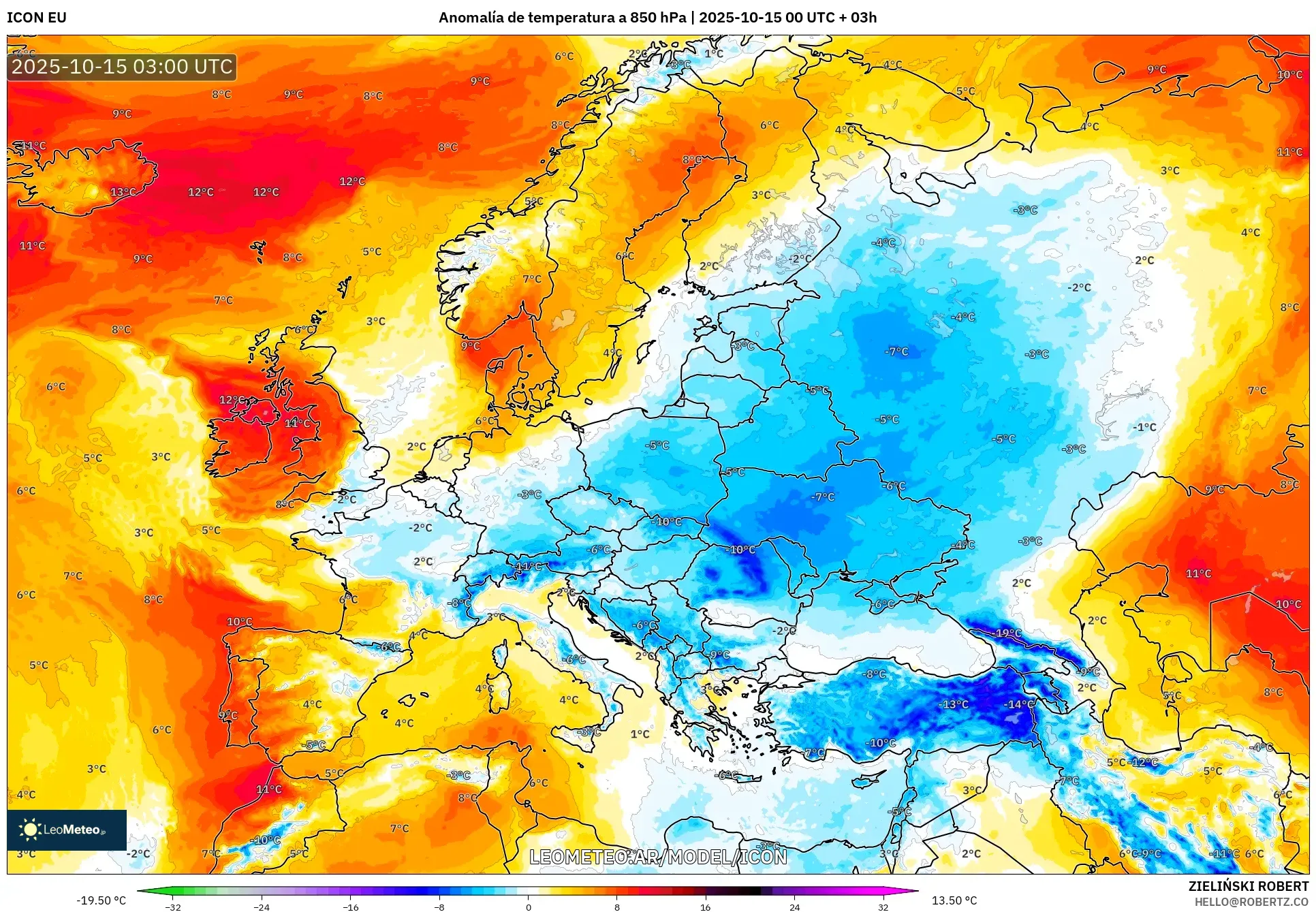 ICON model - Europa, Anomalía de temperatura a 850 hPa ICON model - Europa, Anomalía de temperatura a 850 hPa