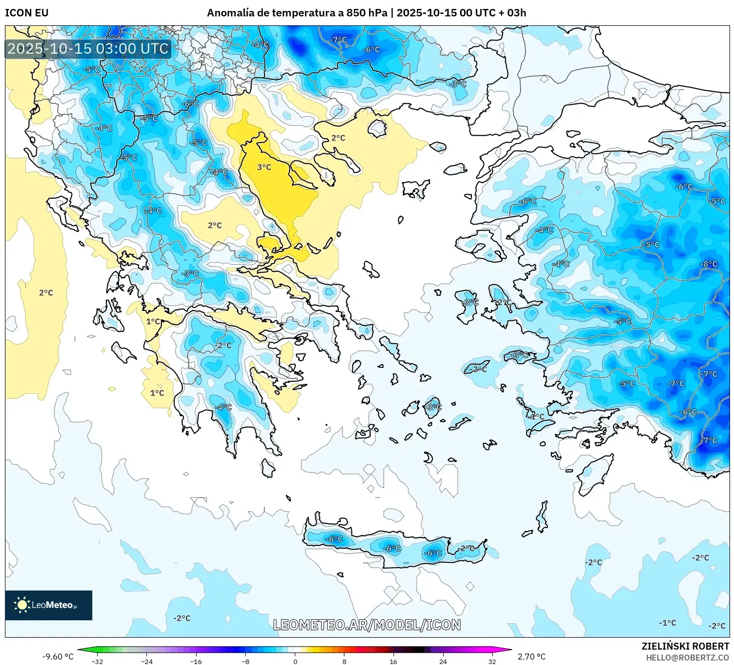 ICON model - Grecia, Anomalía de temperatura a 850 hPa ICON model - Grecia, Anomalía de temperatura a 850 hPa