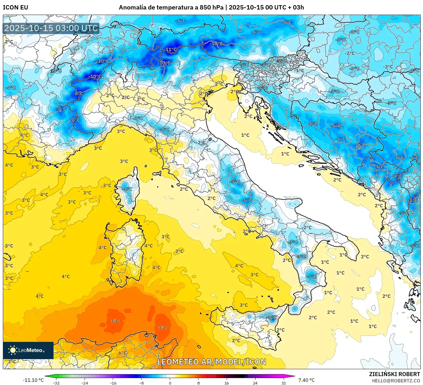 ICON model - Italia, Anomalía de temperatura a 850 hPa