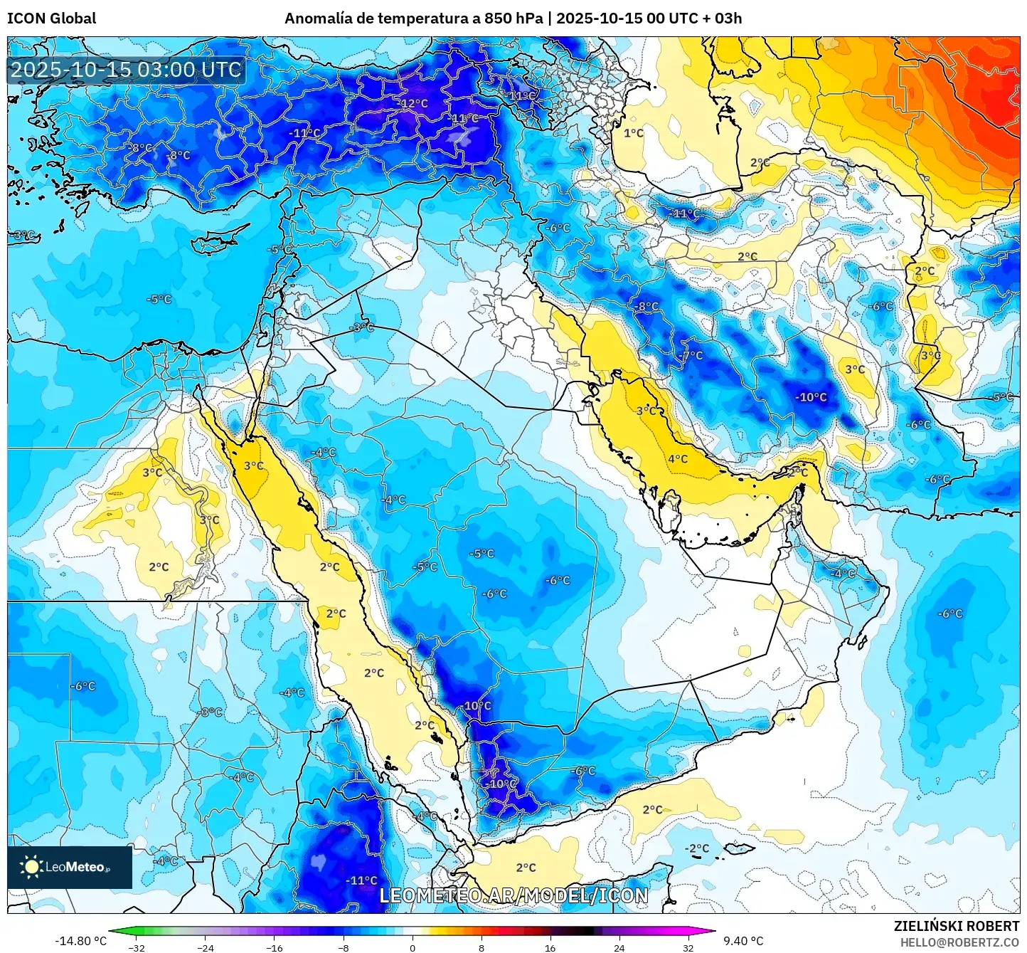 ICON model - Oriente Medio, Anomalía de temperatura a 850 hPa ICON model - Oriente Medio, Anomalía de temperatura a 850 hPa