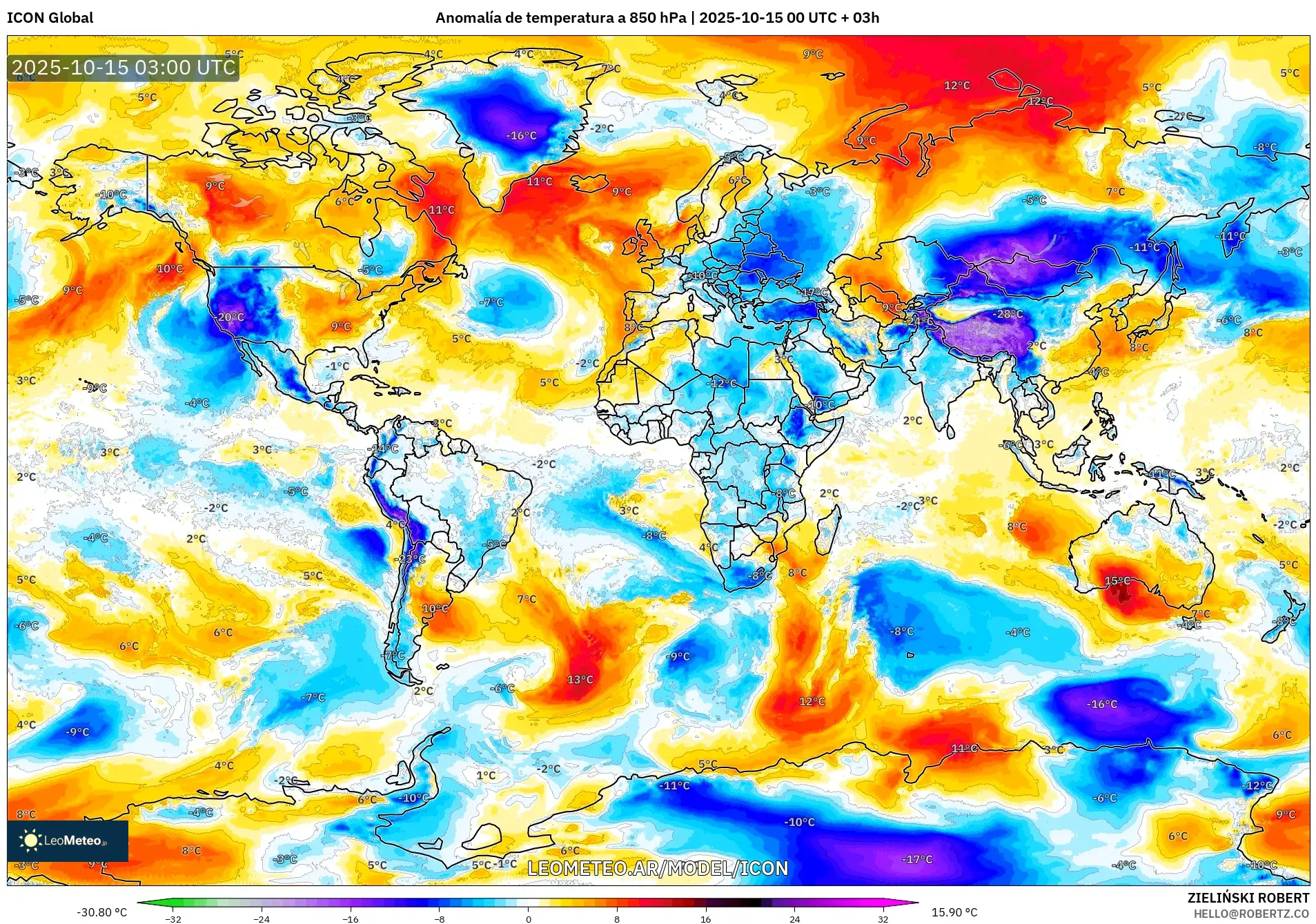 ICON model - Mundo, Anomalía de temperatura a 850 hPa ICON model - Mundo, Anomalía de temperatura a 850 hPa
