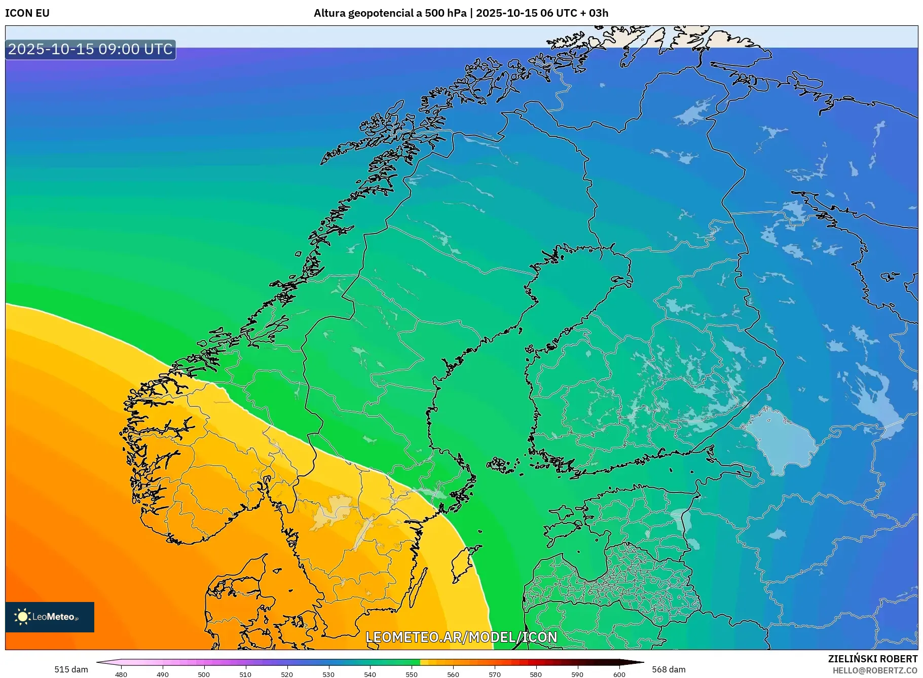 ICON model - Escandinavia, Altura geopotencial a 500 hPa ICON model - Escandinavia, Altura geopotencial a 500 hPa