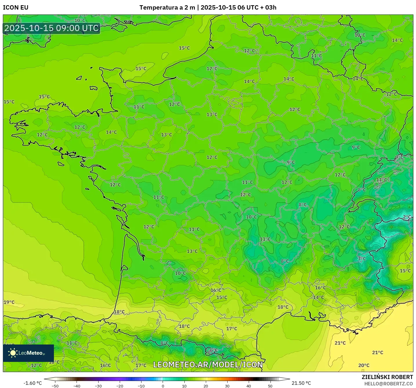 ICON model - Francia, Temperatura a 2 m