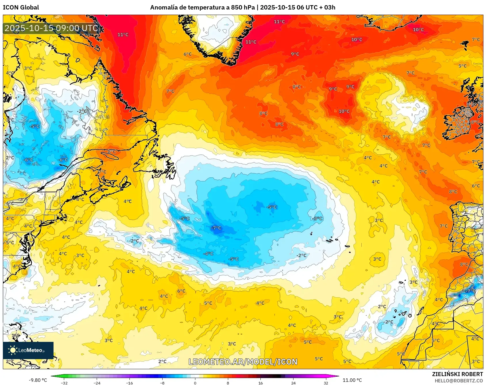 ICON model - Norte Atlántico, Anomalía de temperatura a 850 hPa ICON model - Norte Atlántico, Anomalía de temperatura a 850 hPa