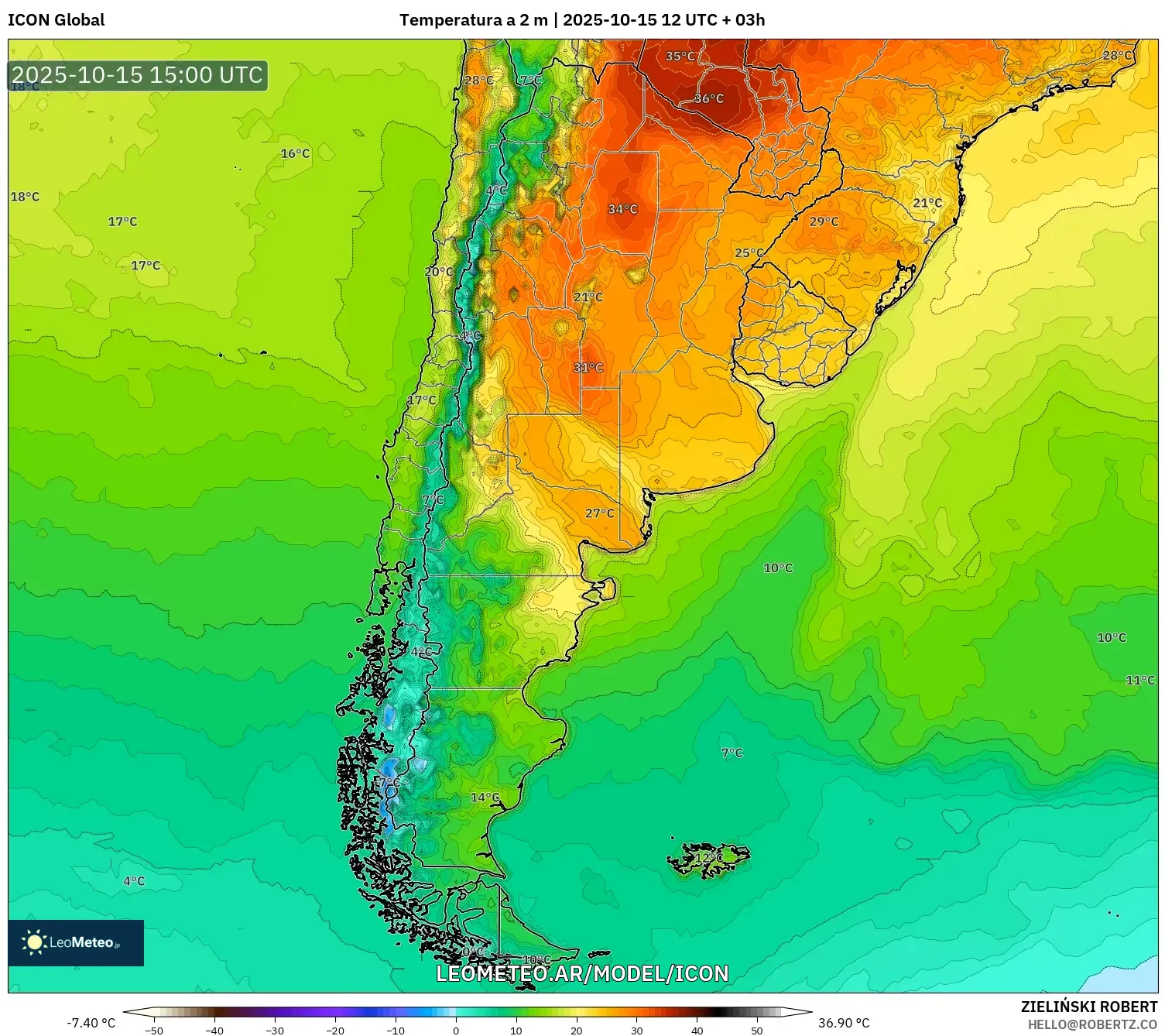 ICON model - Argentina, Temperatura a 2 m ICON model - Argentina, Temperatura a 2 m