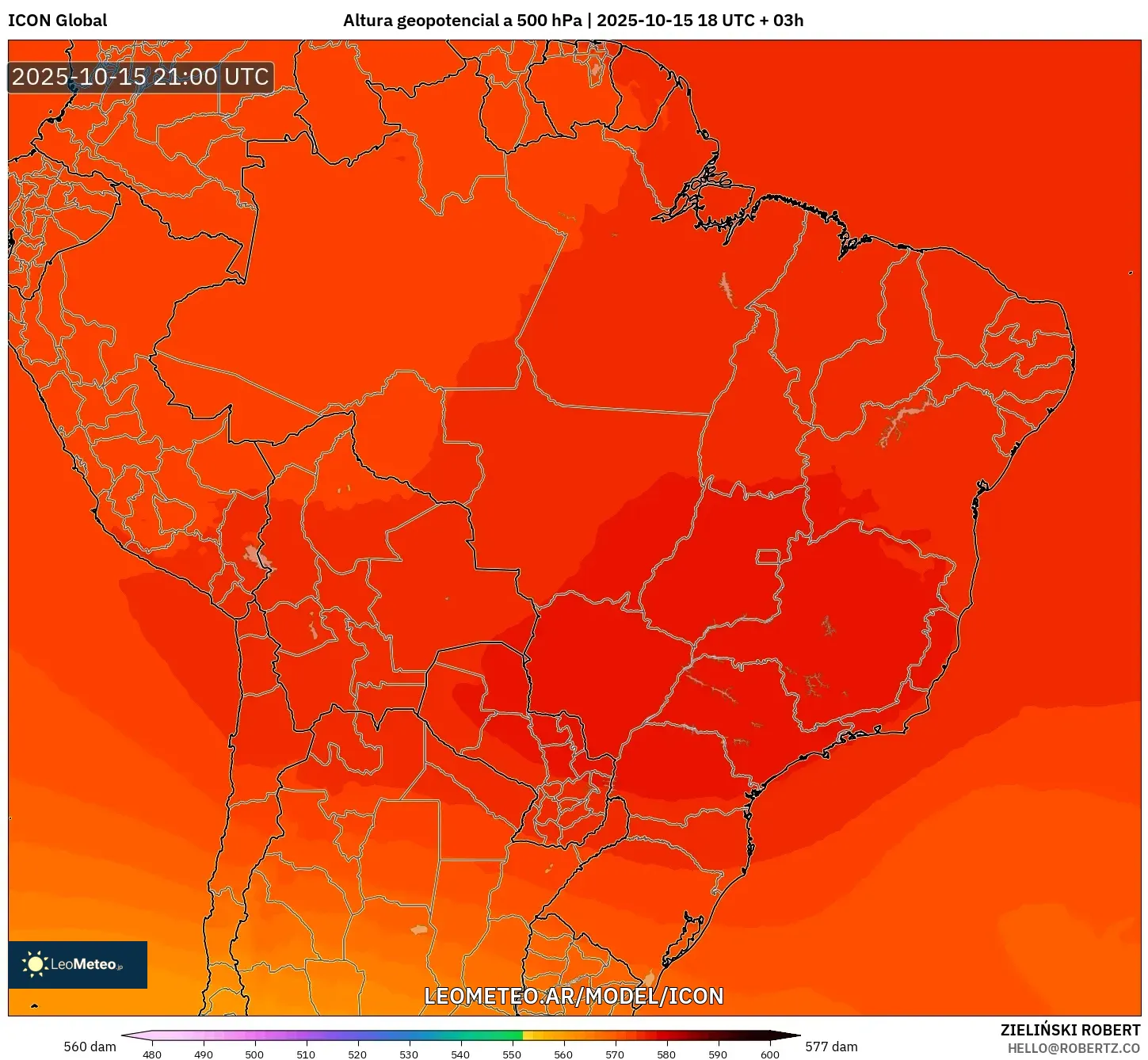 ICON model - Brasil, Altura geopotencial a 500 hPa ICON model - Brasil, Altura geopotencial a 500 hPa