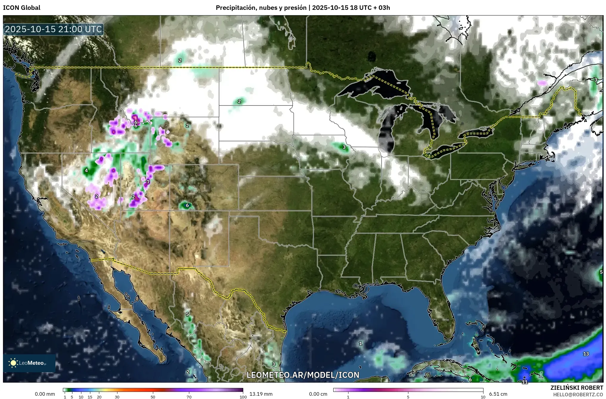ICON model - Estados Unidos, Precipitación, nubes y presión ICON model - Estados Unidos, Precipitación, nubes y presión