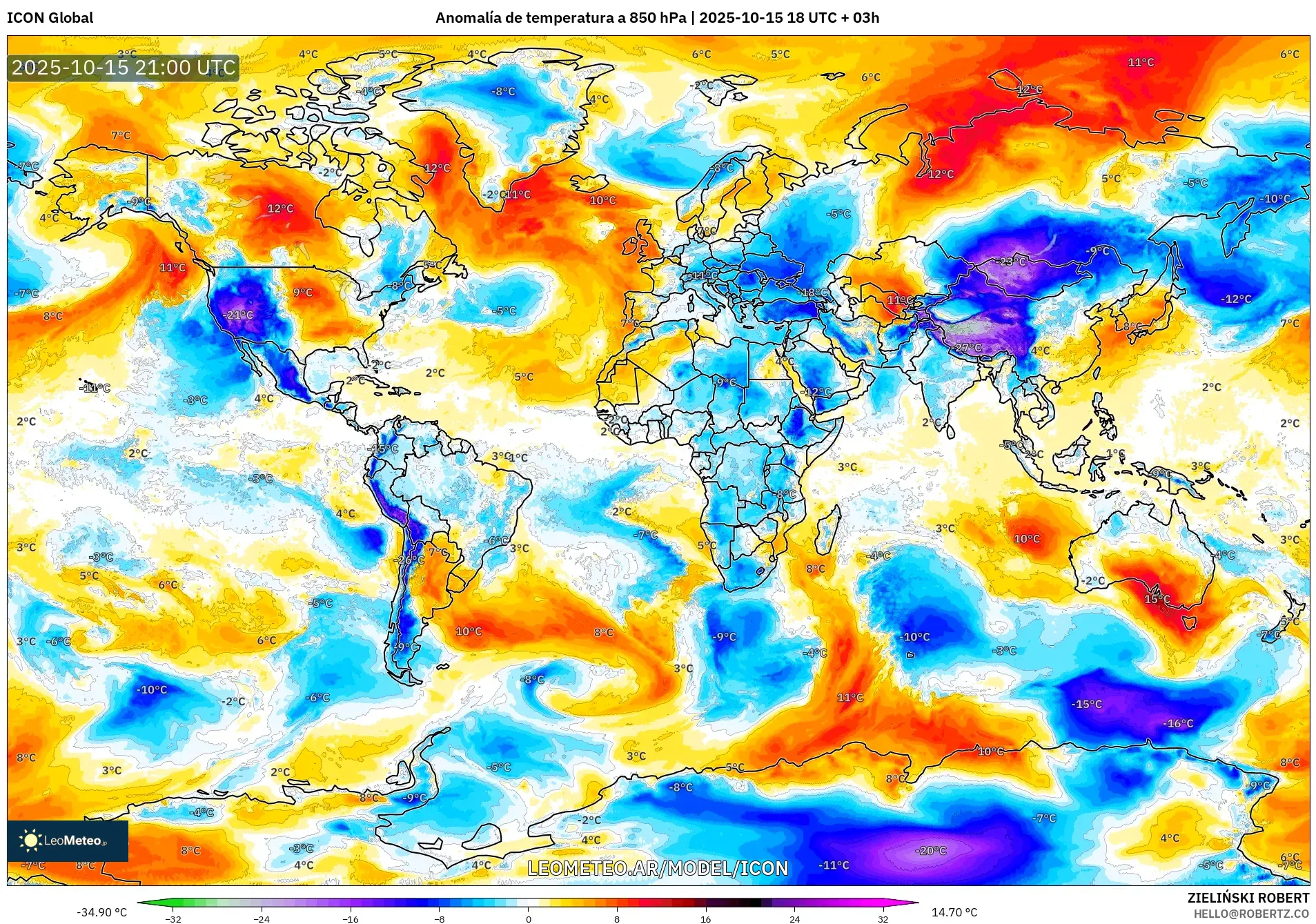 ICON model - Mundo, Anomalía de temperatura a 850 hPa ICON model - Mundo, Anomalía de temperatura a 850 hPa