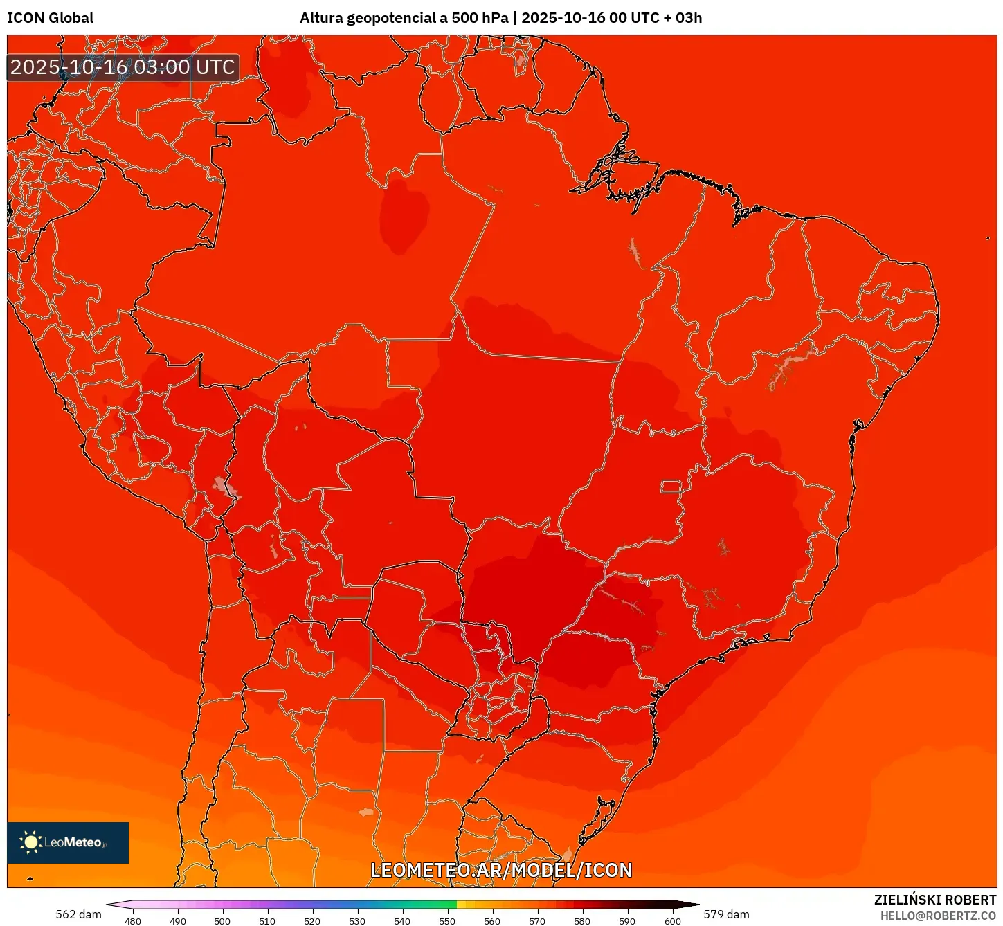ICON model - Brasil, Altura geopotencial a 500 hPa ICON model - Brasil, Altura geopotencial a 500 hPa