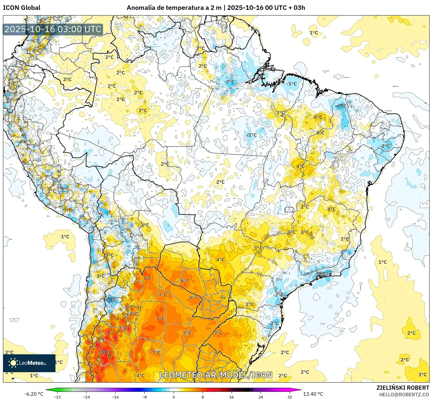 ICON model - Brasil, Anomalía de temperatura a 2 m ICON model - Brasil, Anomalía de temperatura a 2 m