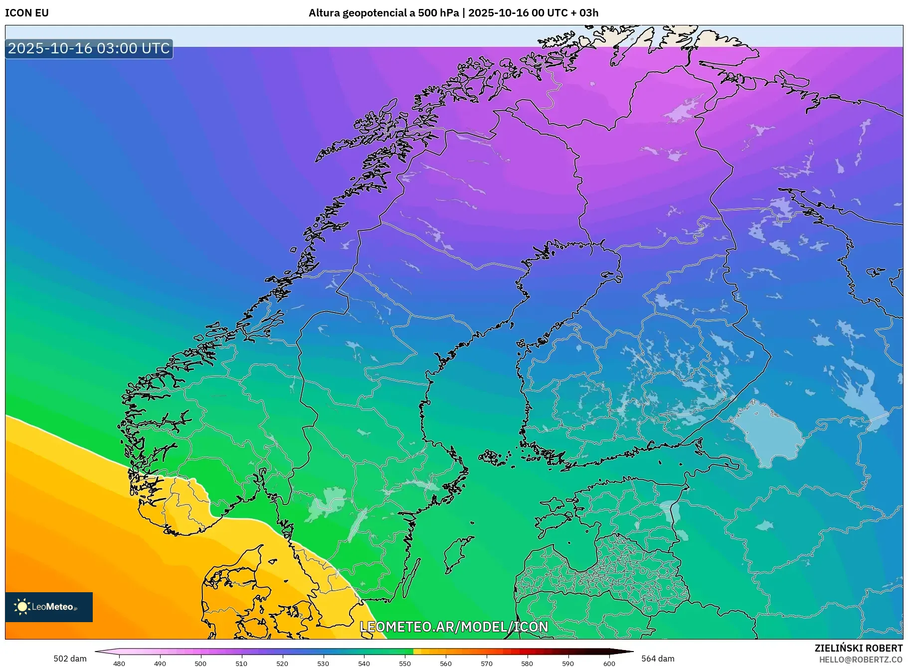 ICON model - Escandinavia, Altura geopotencial a 500 hPa ICON model - Escandinavia, Altura geopotencial a 500 hPa
