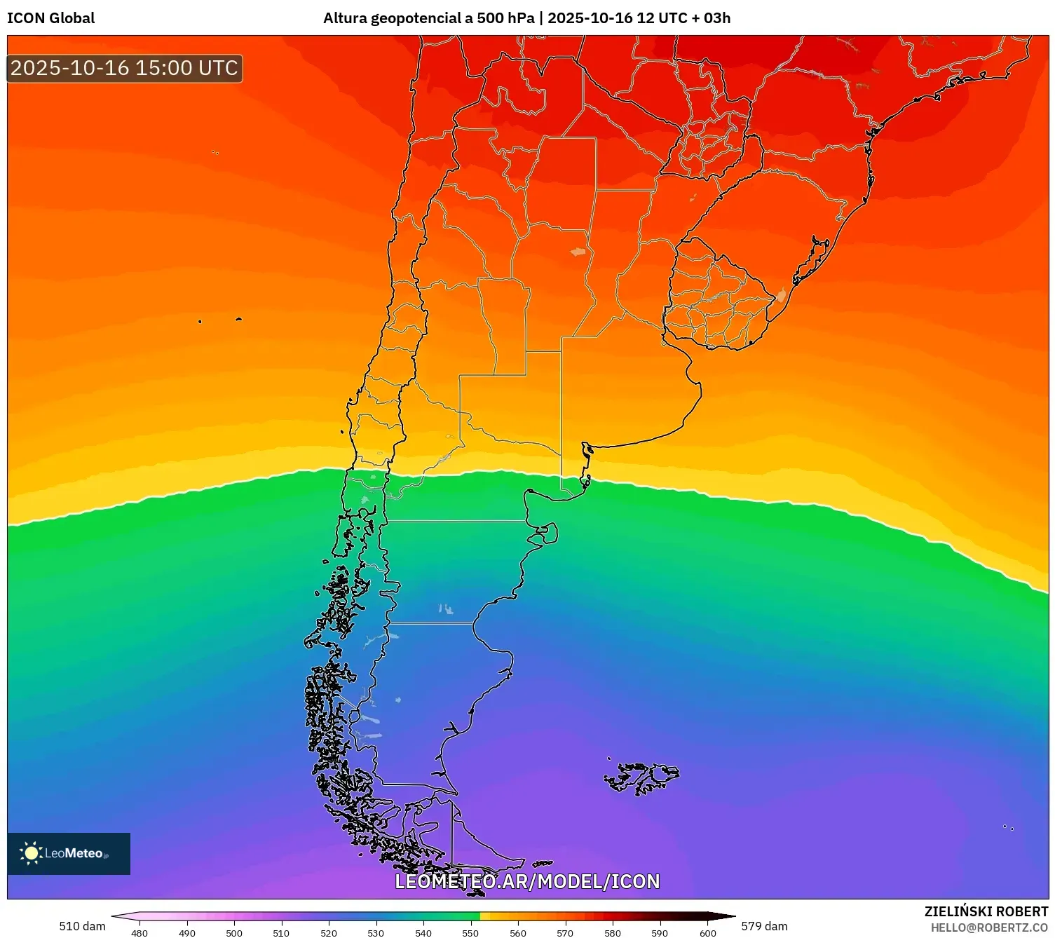 ICON model - Argentina, Altura geopotencial a 500 hPa ICON model - Argentina, Altura geopotencial a 500 hPa