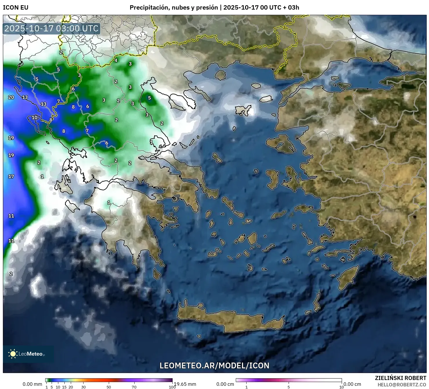 ICON model - Grecia, Precipitación, nubes y presión ICON model - Grecia, Precipitación, nubes y presión