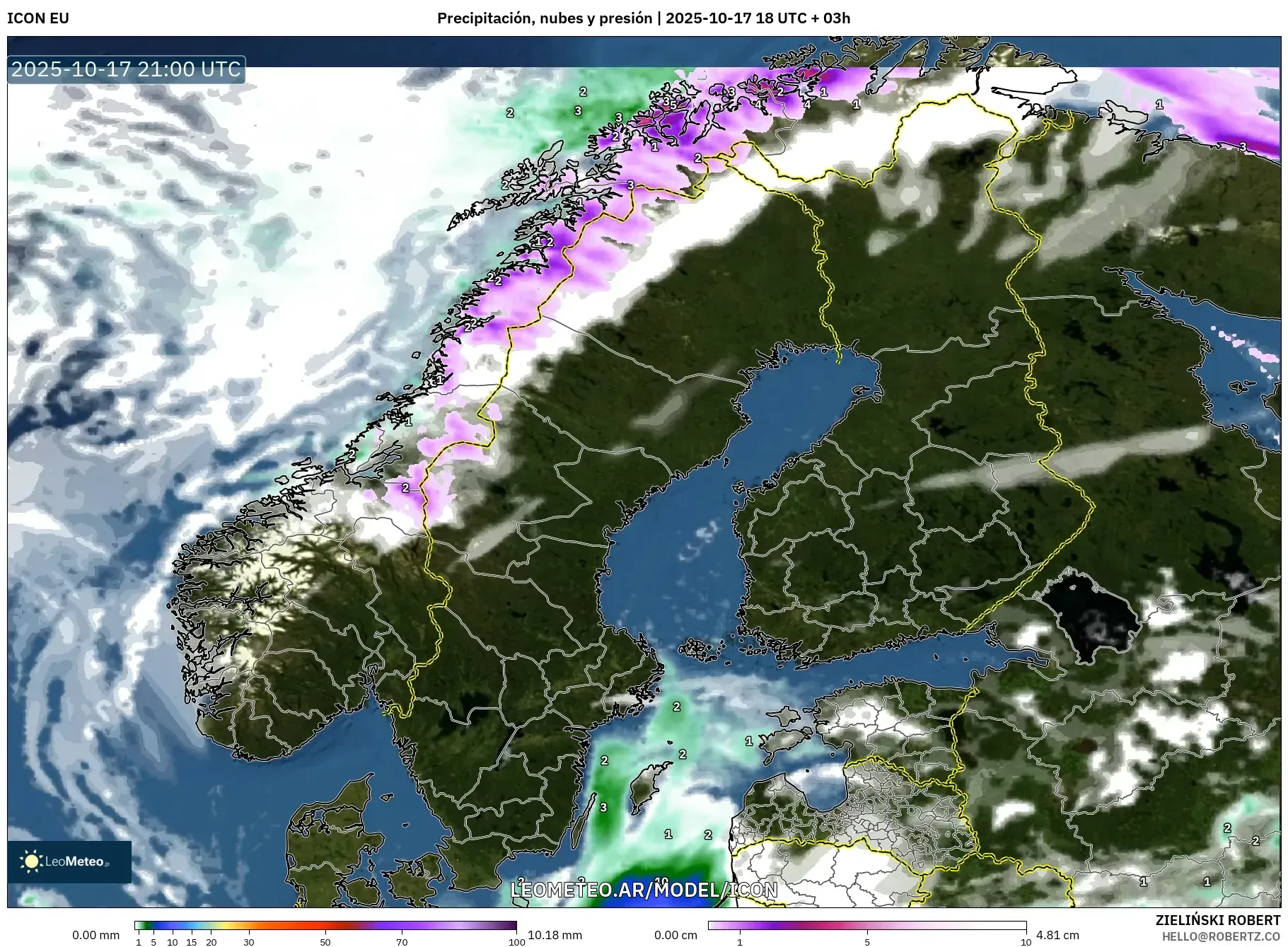 ICON model - Escandinavia, Precipitación, nubes y presión ICON model - Escandinavia, Precipitación, nubes y presión
