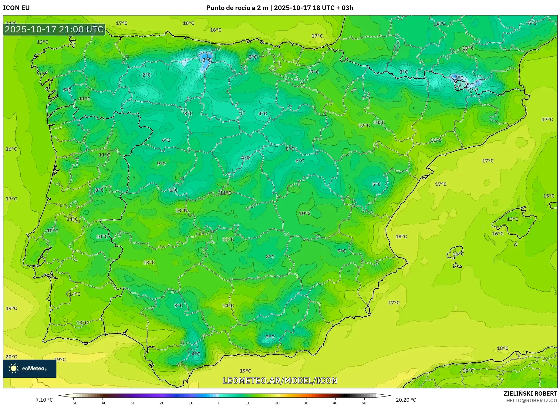 ICON model - España, Punto de rocío a 2 m ICON model - España, Punto de rocío a 2 m