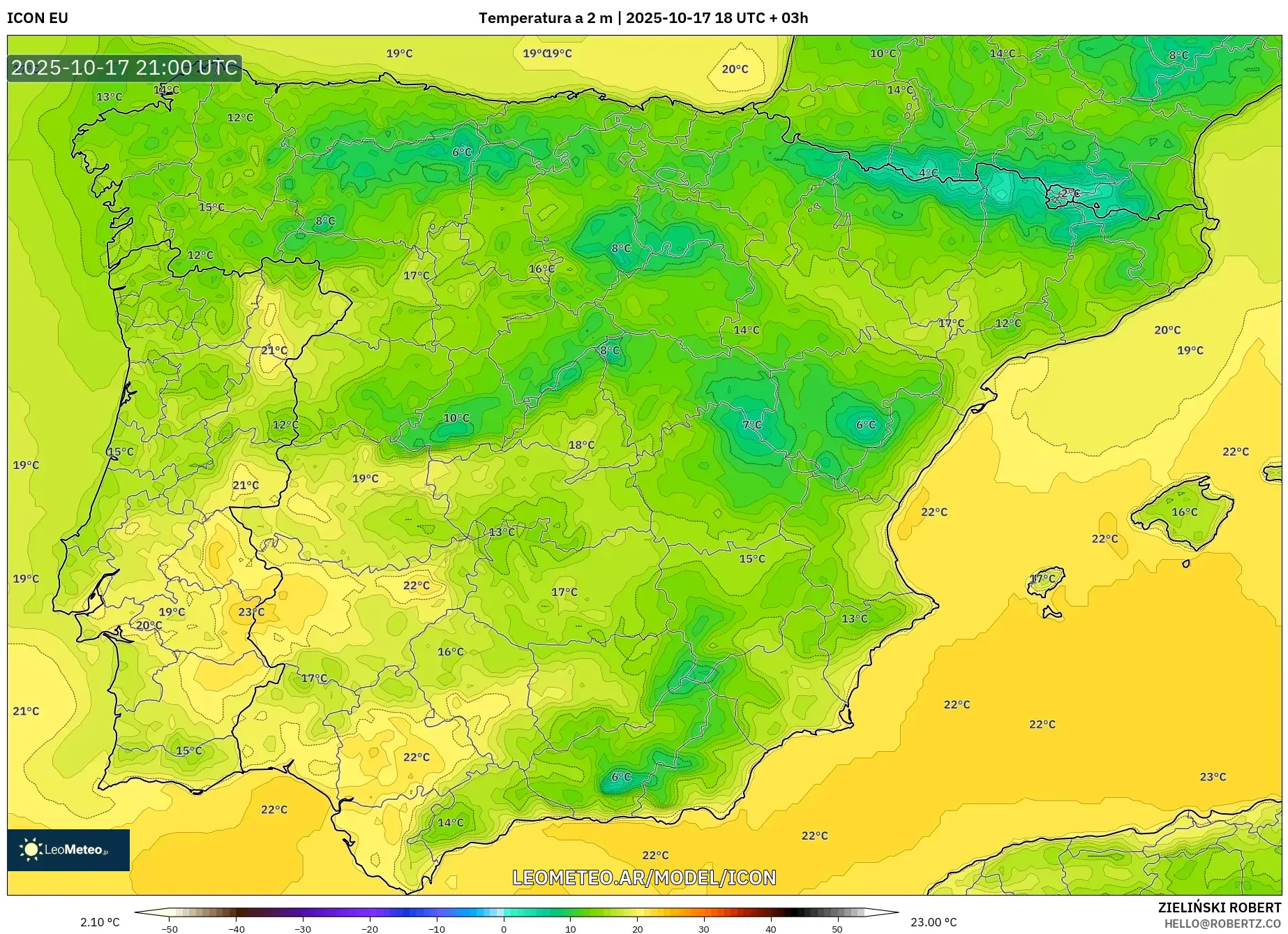 ICON model - España, Temperatura a 2 m ICON model - España, Temperatura a 2 m
