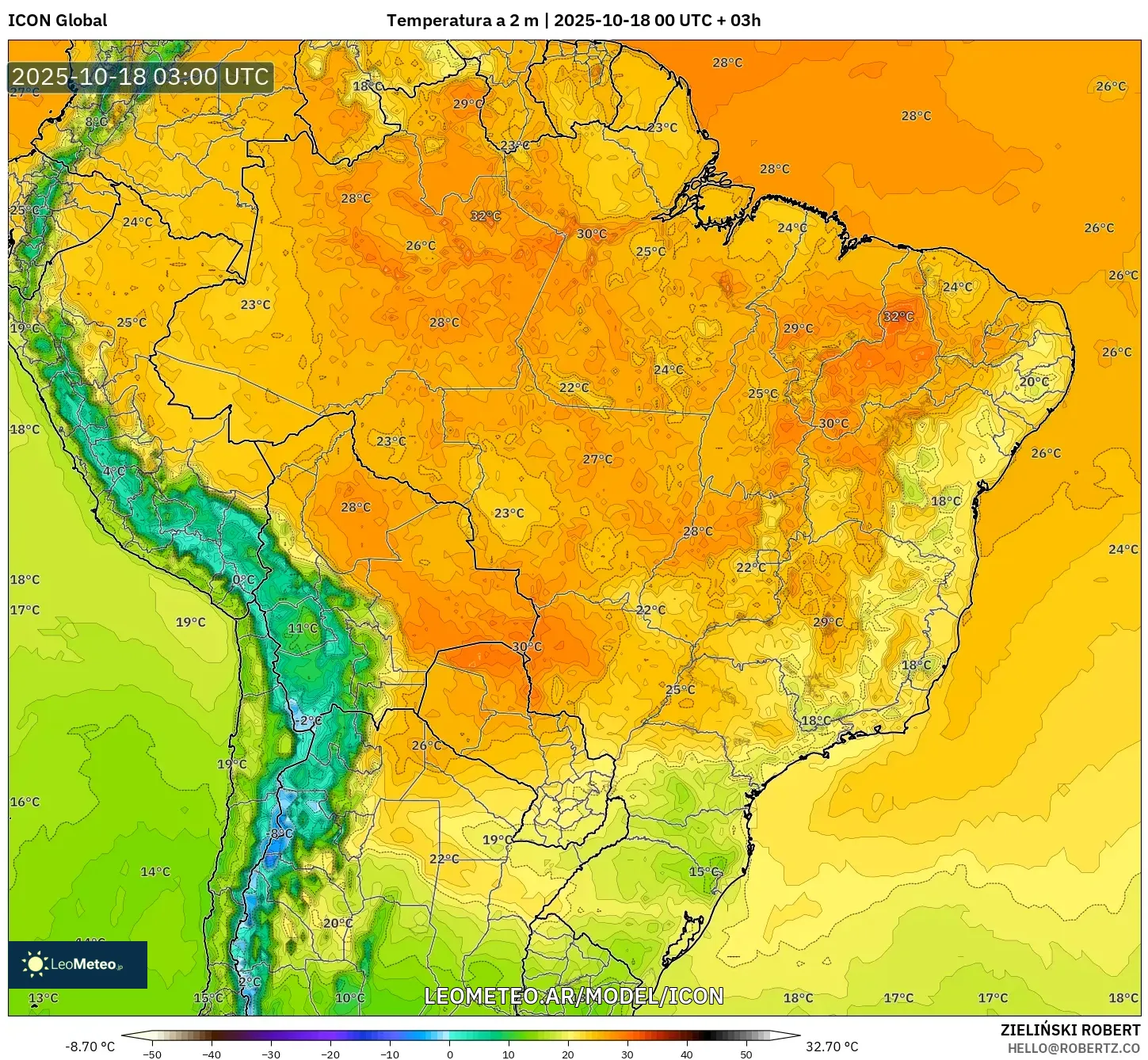 ICON model - Brasil, Temperatura a 2 m ICON model - Brasil, Temperatura a 2 m