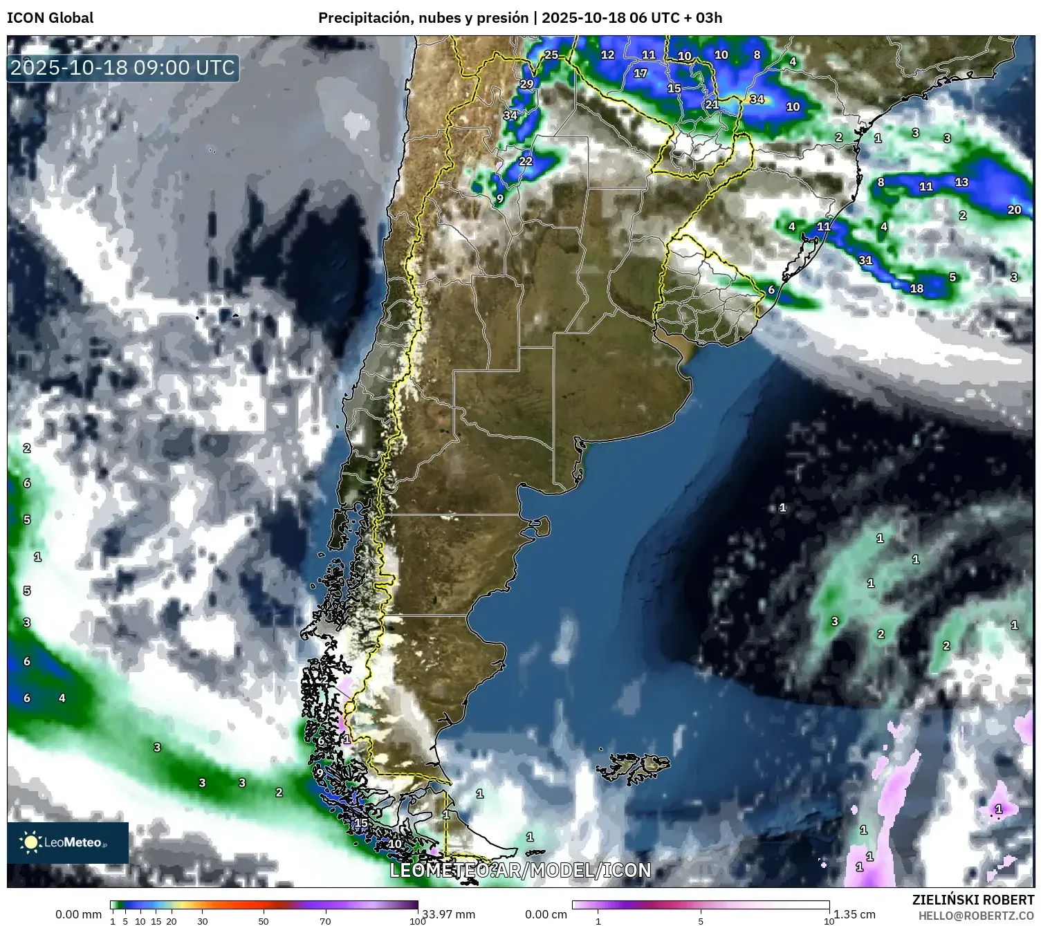 ICON model - Argentina, Precipitación, nubes y presión ICON model - Argentina, Precipitación, nubes y presión