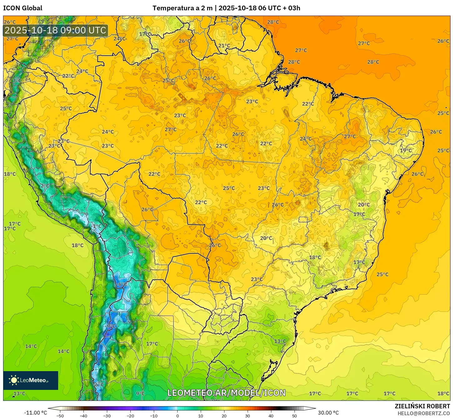 ICON model - Brasil, Temperatura a 2 m ICON model - Brasil, Temperatura a 2 m