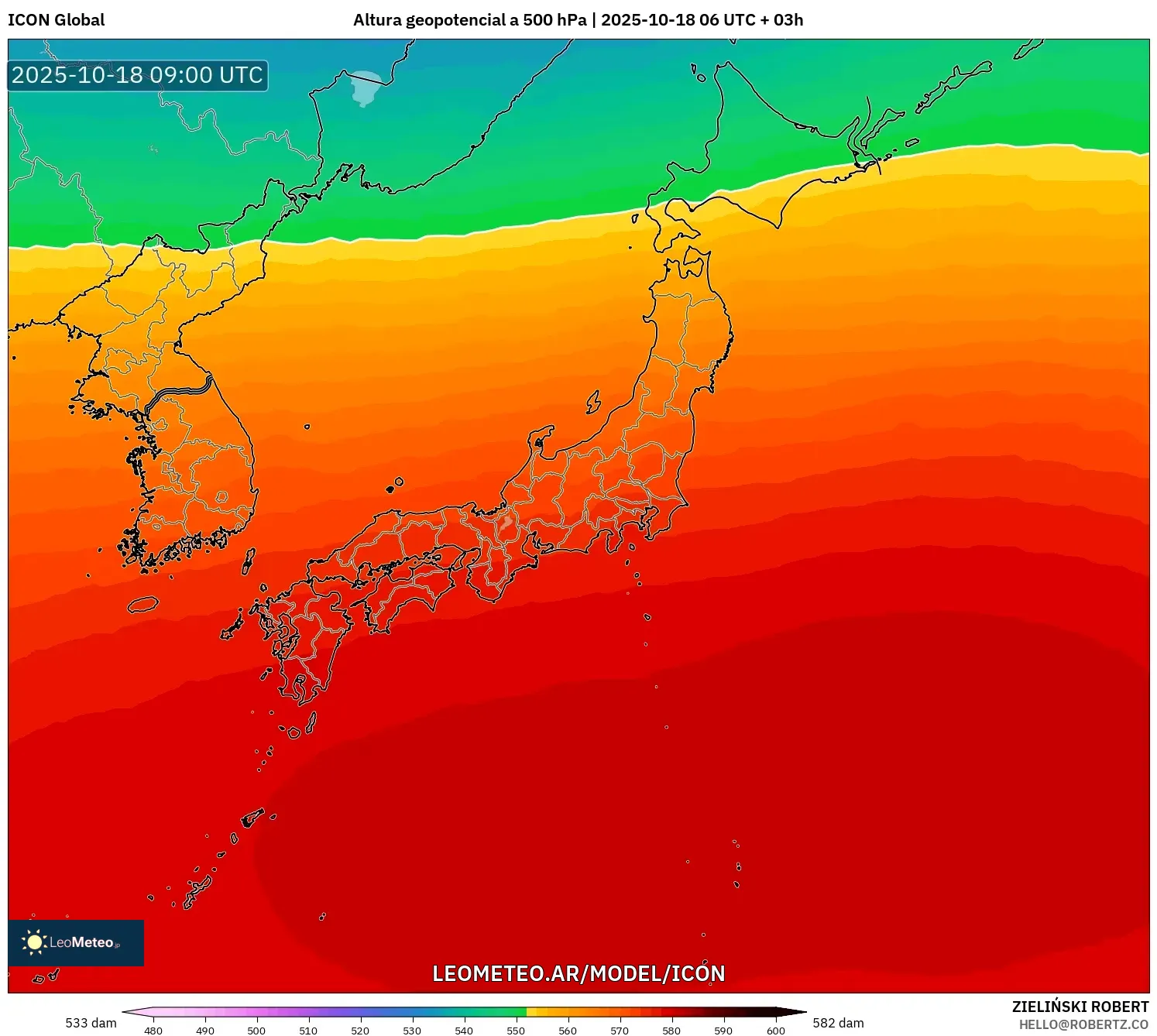 ICON model - Japón, Altura geopotencial a 500 hPa ICON model - Japón, Altura geopotencial a 500 hPa