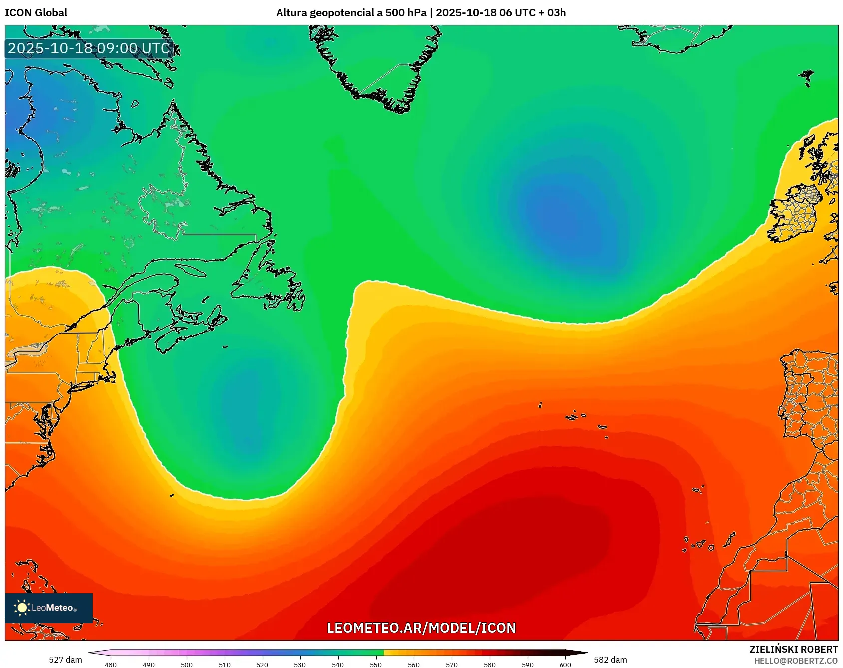 ICON model - Norte Atlántico, Altura geopotencial a 500 hPa ICON model - Norte Atlántico, Altura geopotencial a 500 hPa