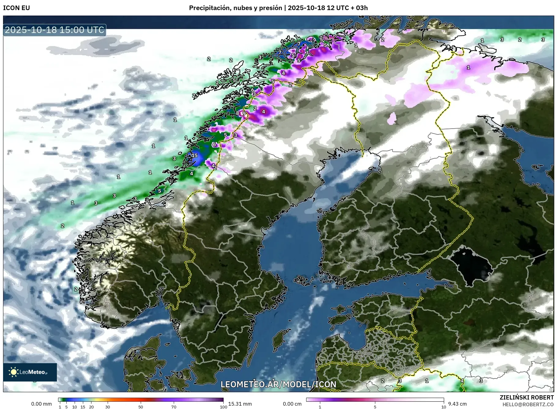 ICON model - Escandinavia, Precipitación, nubes y presión ICON model - Escandinavia, Precipitación, nubes y presión