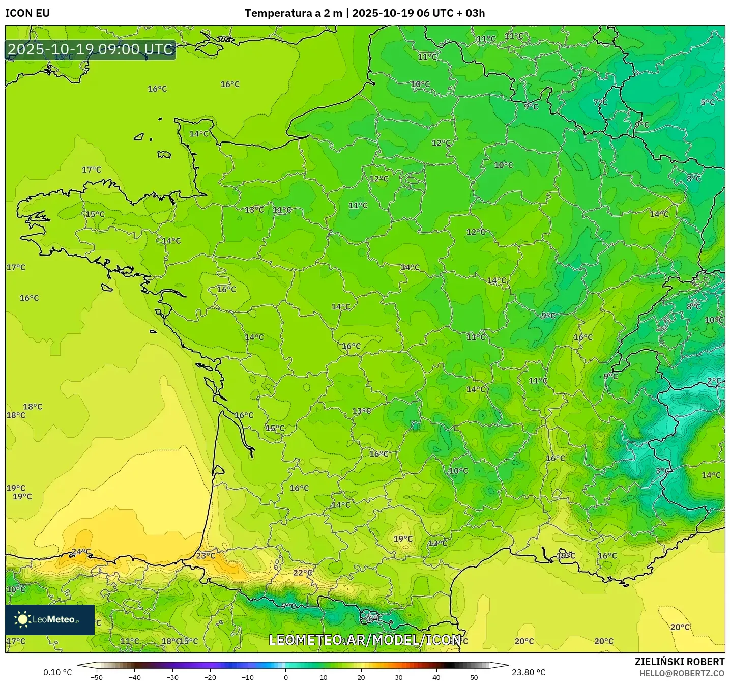 ICON model - Francia, Temperatura a 2 m ICON model - Francia, Temperatura a 2 m