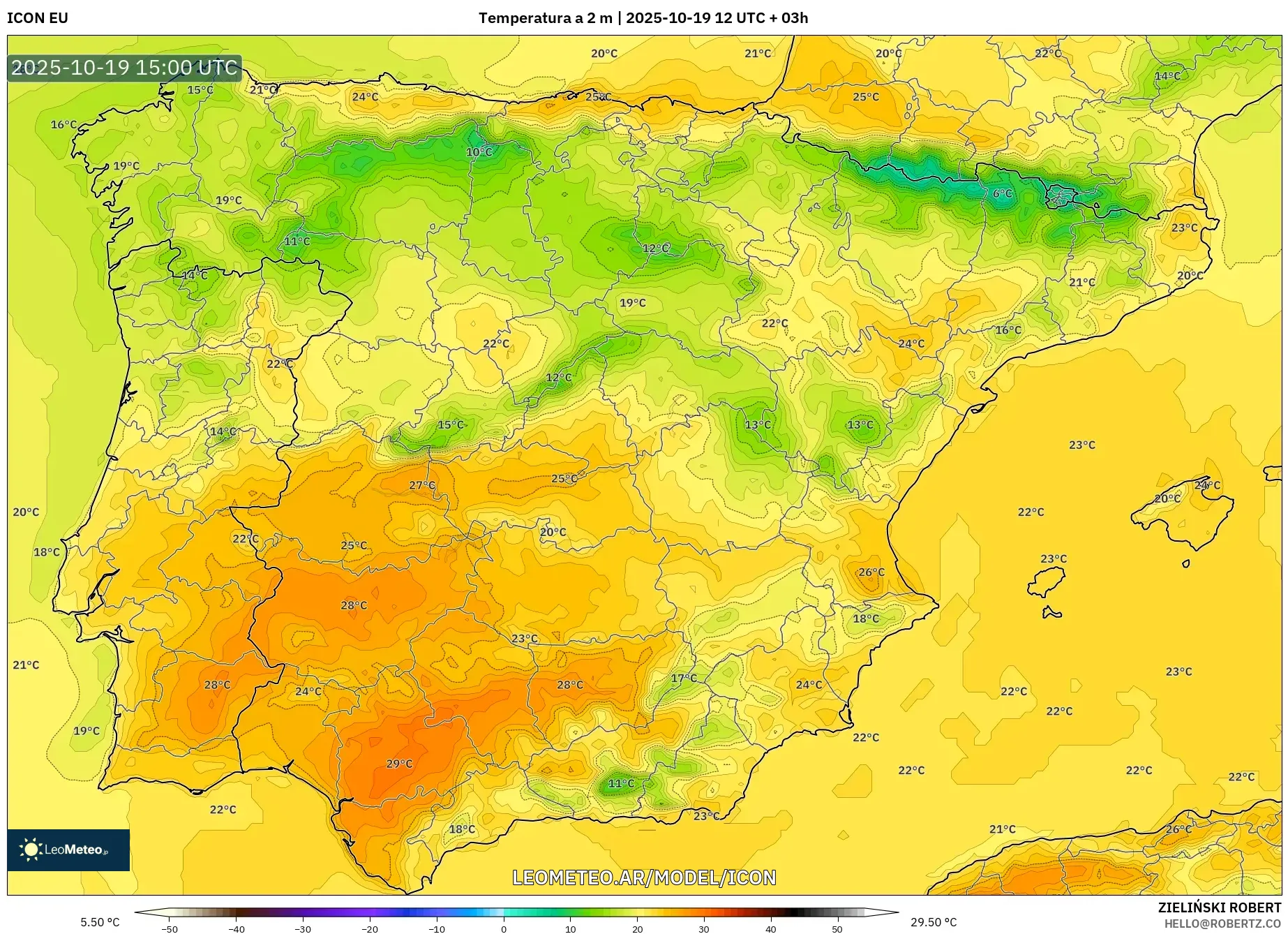 ICON model - España, Temperatura a 2 m ICON model - España, Temperatura a 2 m