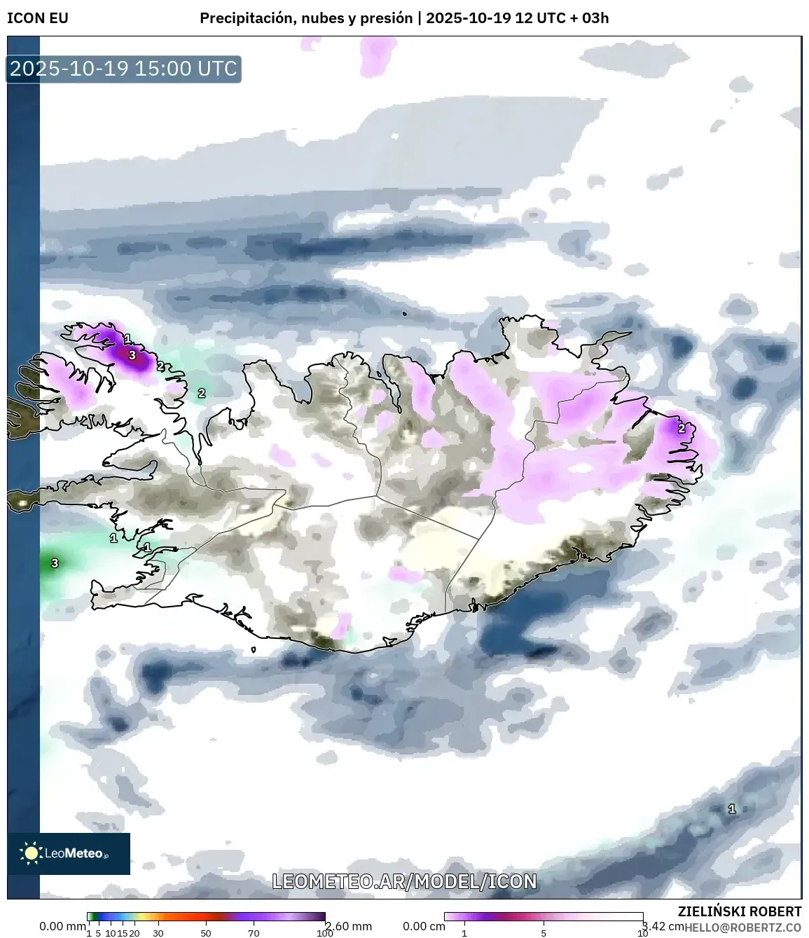 ICON model - Islandia, Precipitación, nubes y presión ICON model - Islandia, Precipitación, nubes y presión