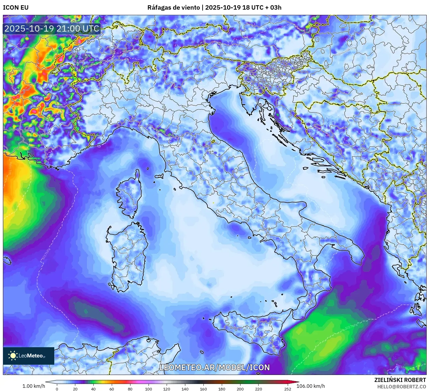ICON model - Italia, Ráfagas de viento ICON model - Italia, Ráfagas de viento