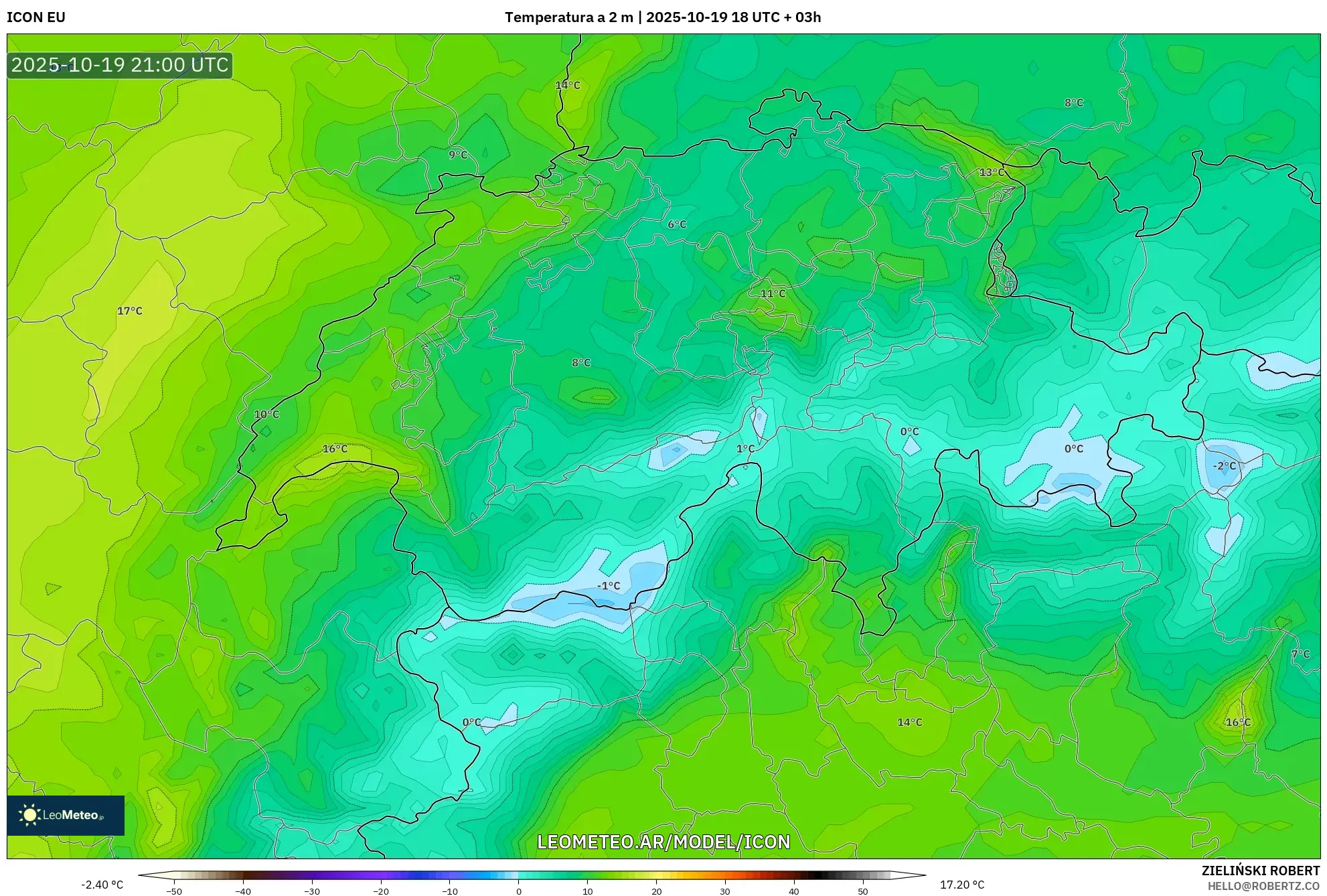 ICON model - Suiza, Temperatura a 2 m ICON model - Suiza, Temperatura a 2 m