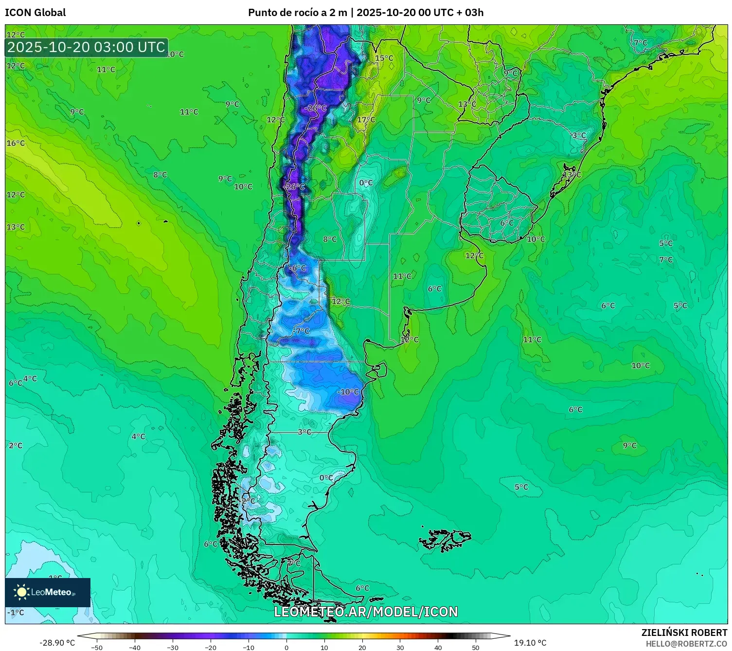 ICON model - Argentina, Punto de rocío a 2 m ICON model - Argentina, Punto de rocío a 2 m