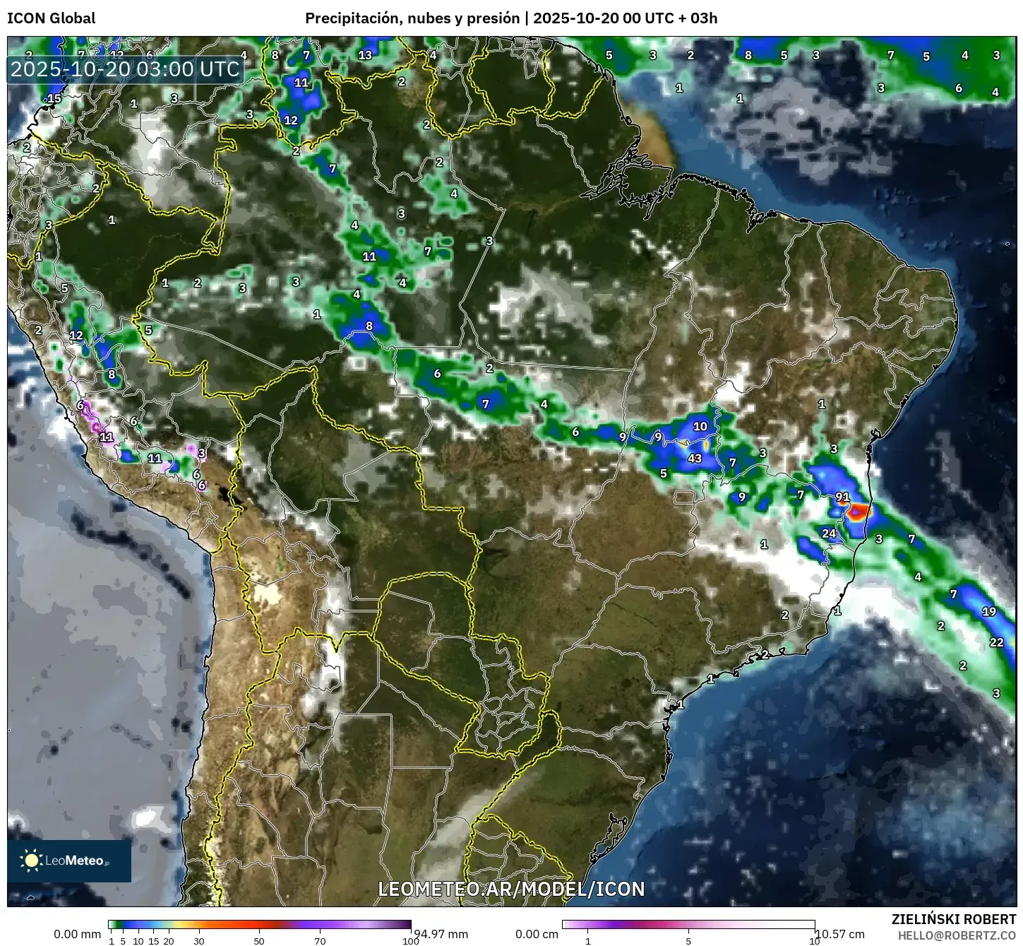 ICON model - Brasil, Precipitación, nubes y presión ICON model - Brasil, Precipitación, nubes y presión