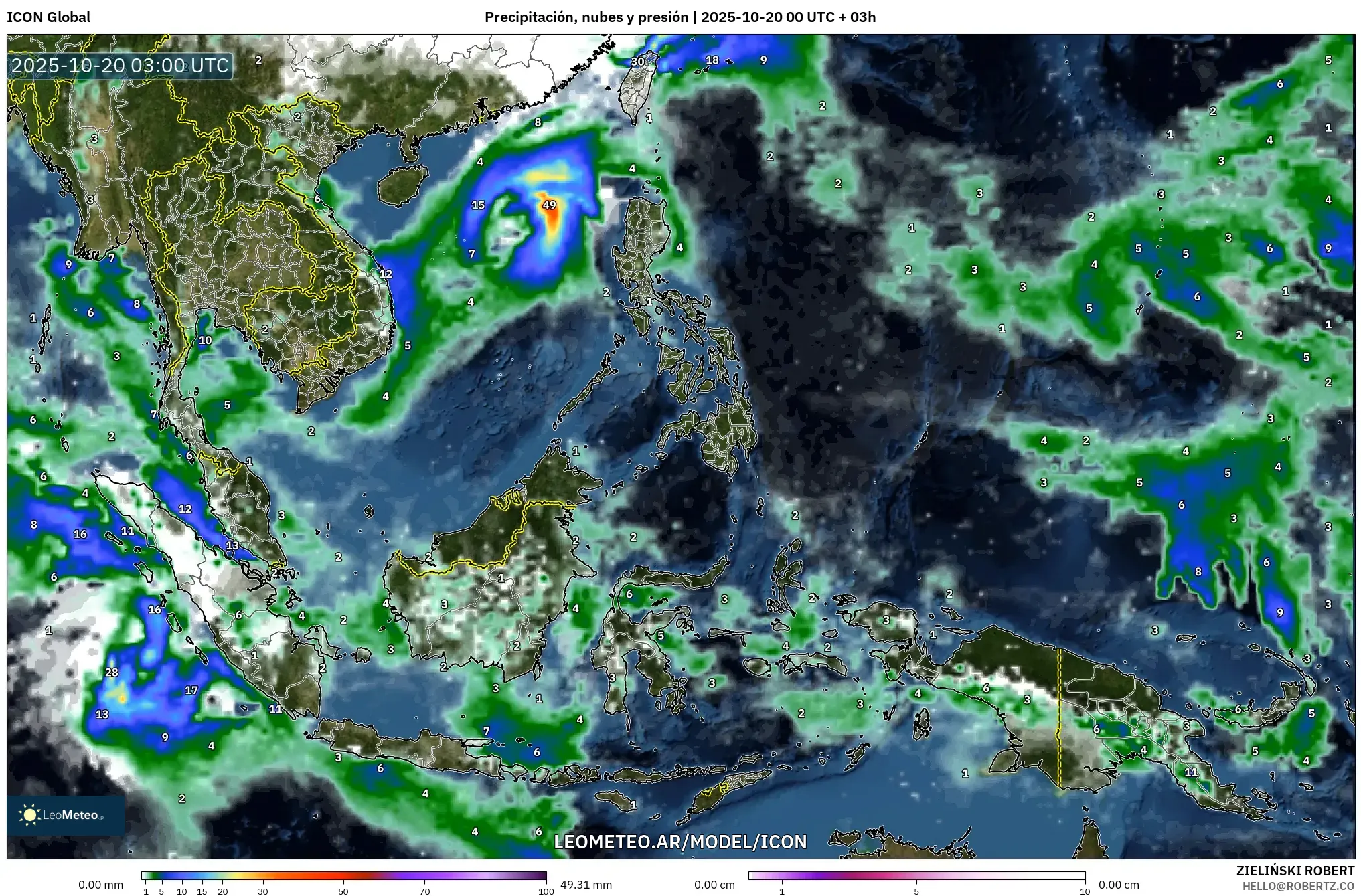 ICON model - Sudeste Asiático, Precipitación, nubes y presión ICON model - Sudeste Asiático, Precipitación, nubes y presión