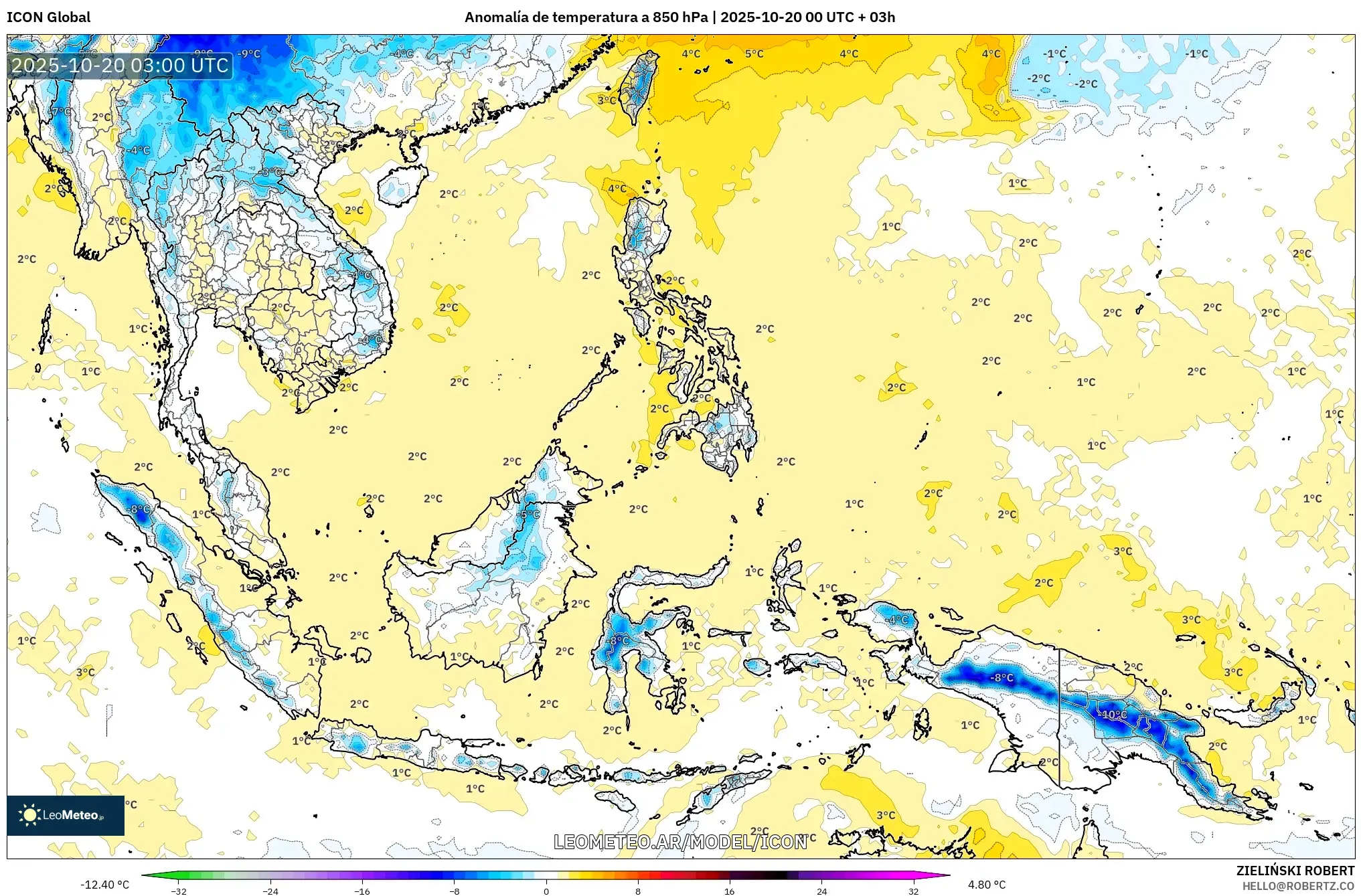 ICON model - Sudeste Asiático, Anomalía de temperatura a 850 hPa ICON model - Sudeste Asiático, Anomalía de temperatura a 850 hPa